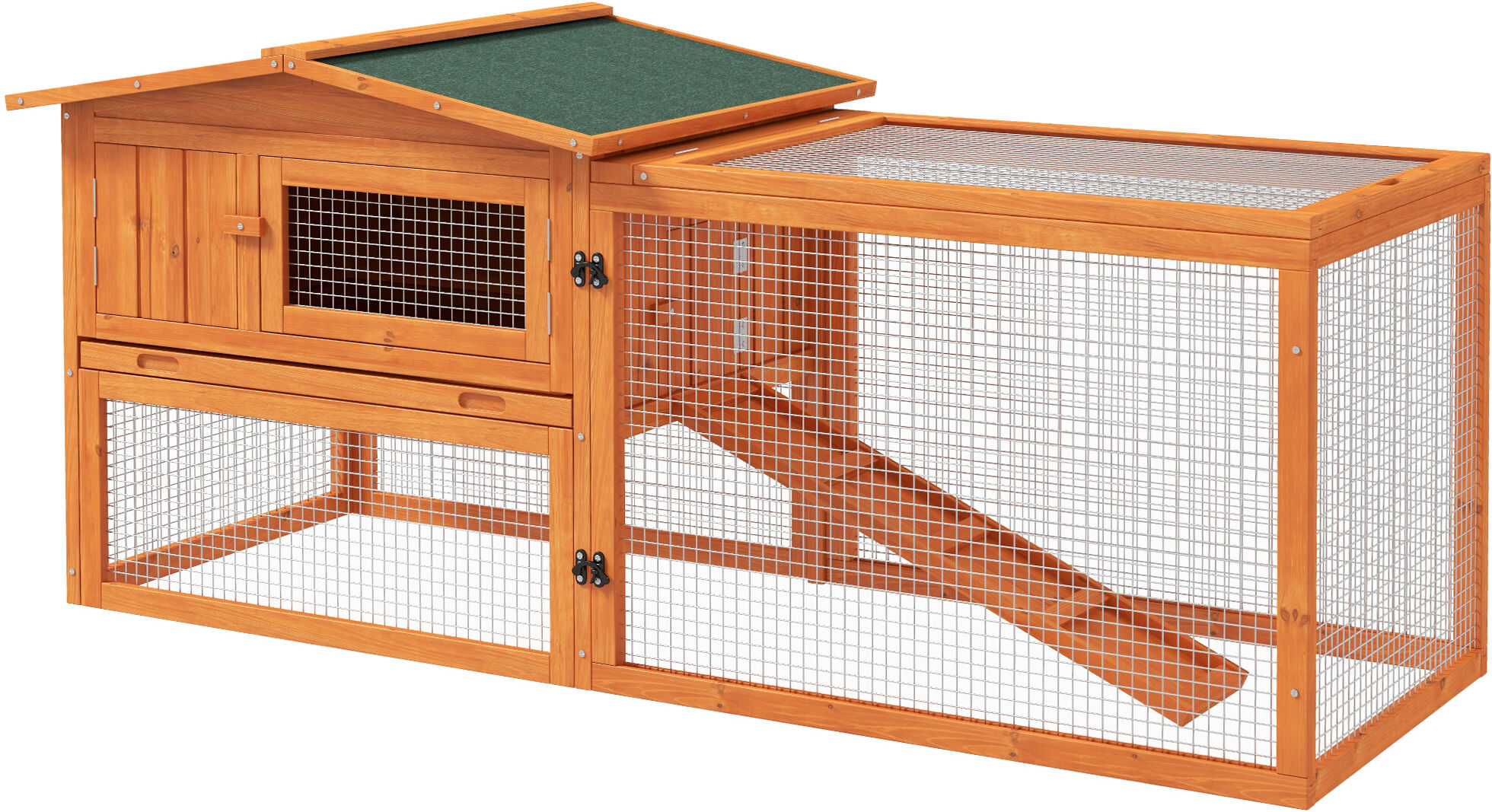PawHut Rabbit Hutch and Run Outdoor Bunny Cage Wooden Guinea Pig Hide House with Sliding Tray, Hay Rack, Ramp, 156 x 58 x 68cm