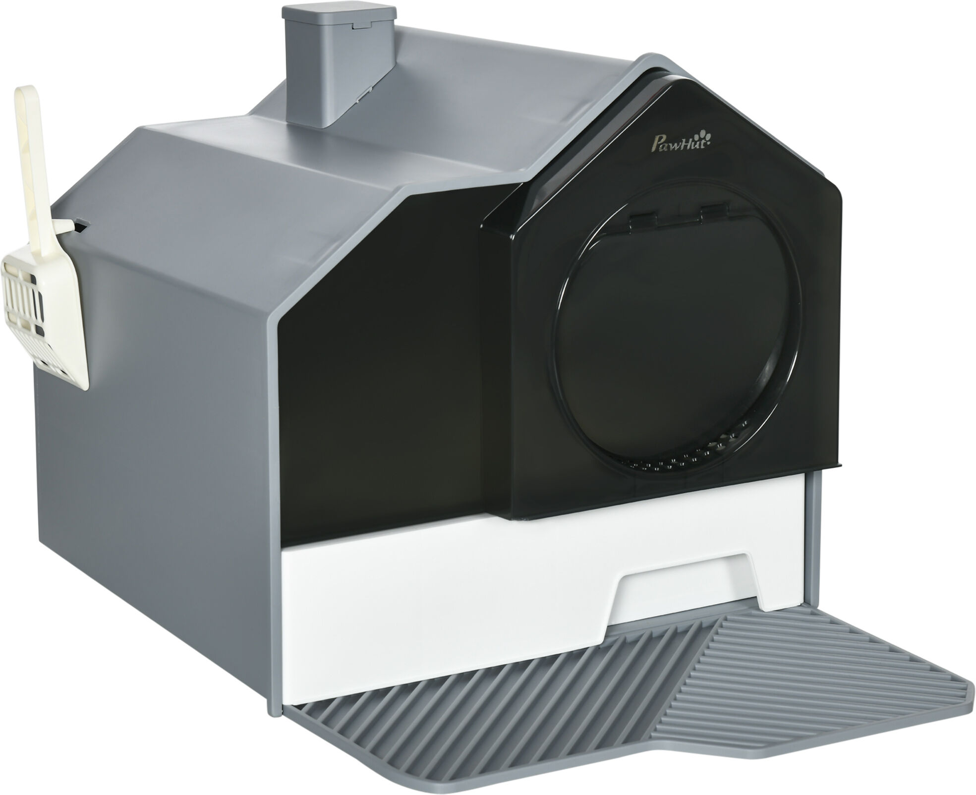 PawHut Hooded Cat Litter Box w/ Scoop, Enclosed Cat Toilet w/ Pull-out Drawer, Odour Control, Easy Clean, Modern House Design, Slate Grey Aosom UK
