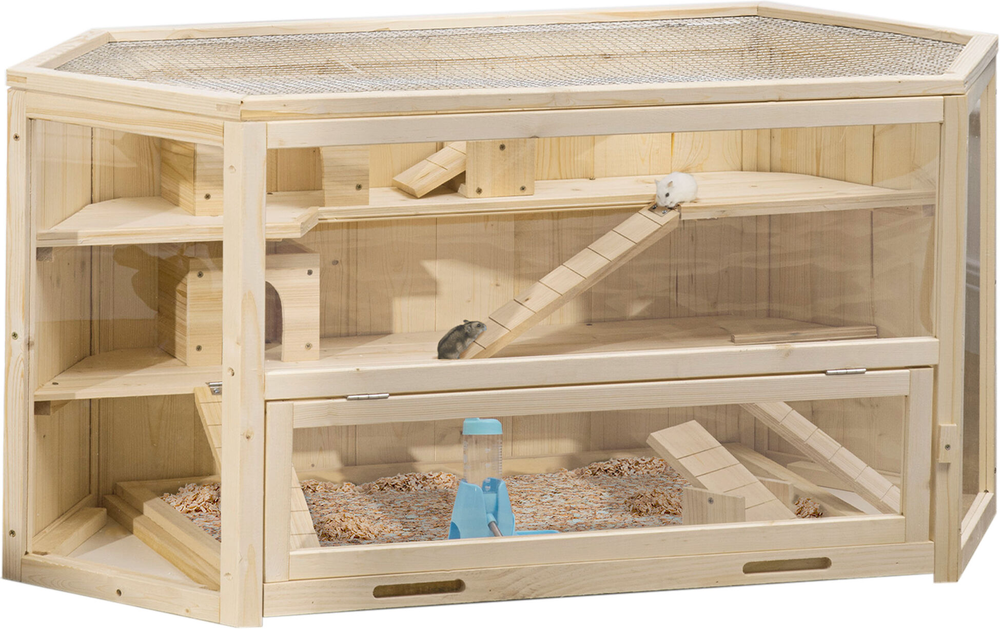PawHut Wooden Large Hamster Cage Mouse Rats Small Animal Exercise Play House 3 Tier with Slide Activity Center, Natural