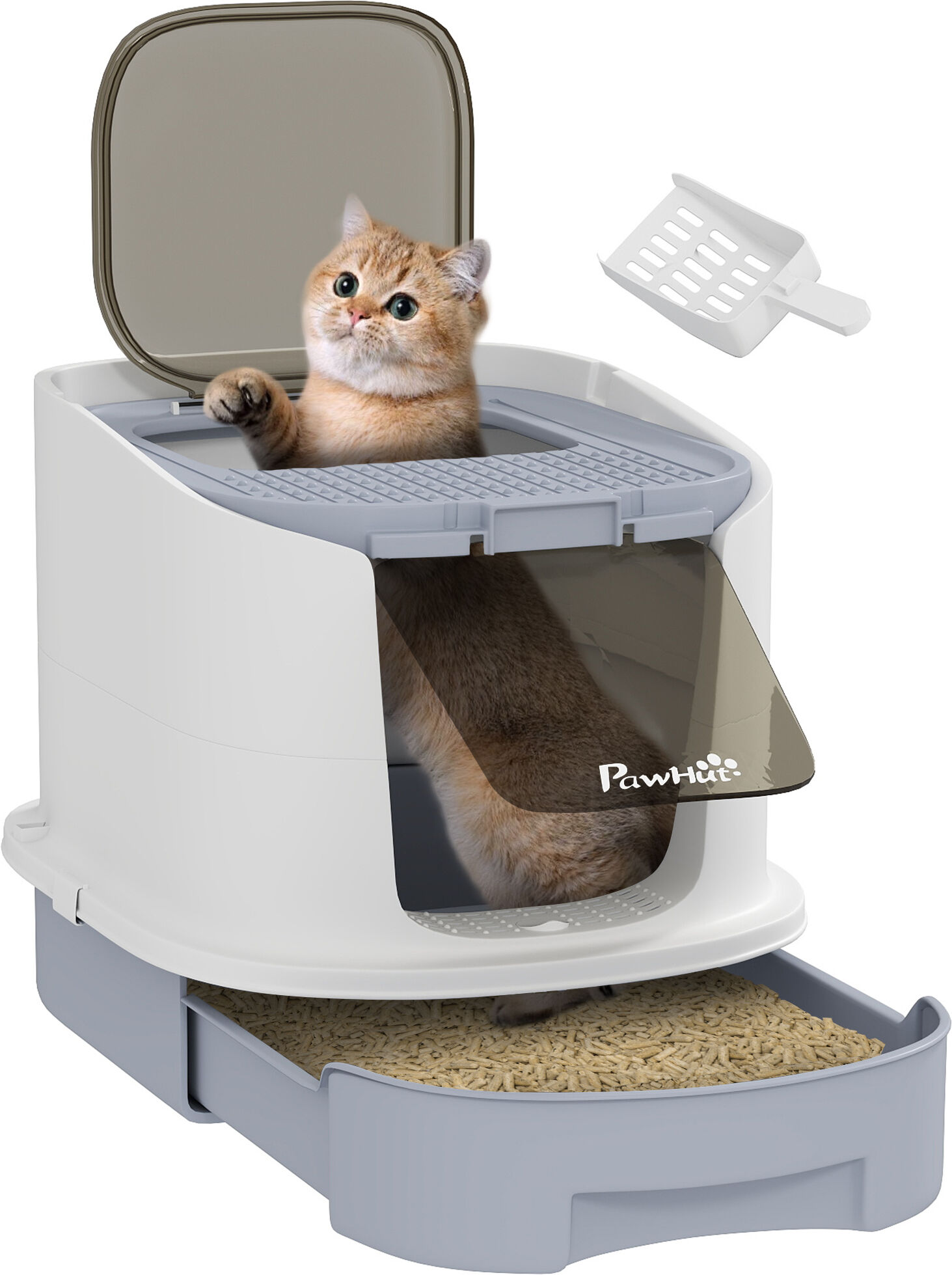 PawHut Cat Litter Box with Lid, Scoop, Deodorization Bags, Top Entry, Cat Toilet Easy Clean with Drawer Pan, Grey