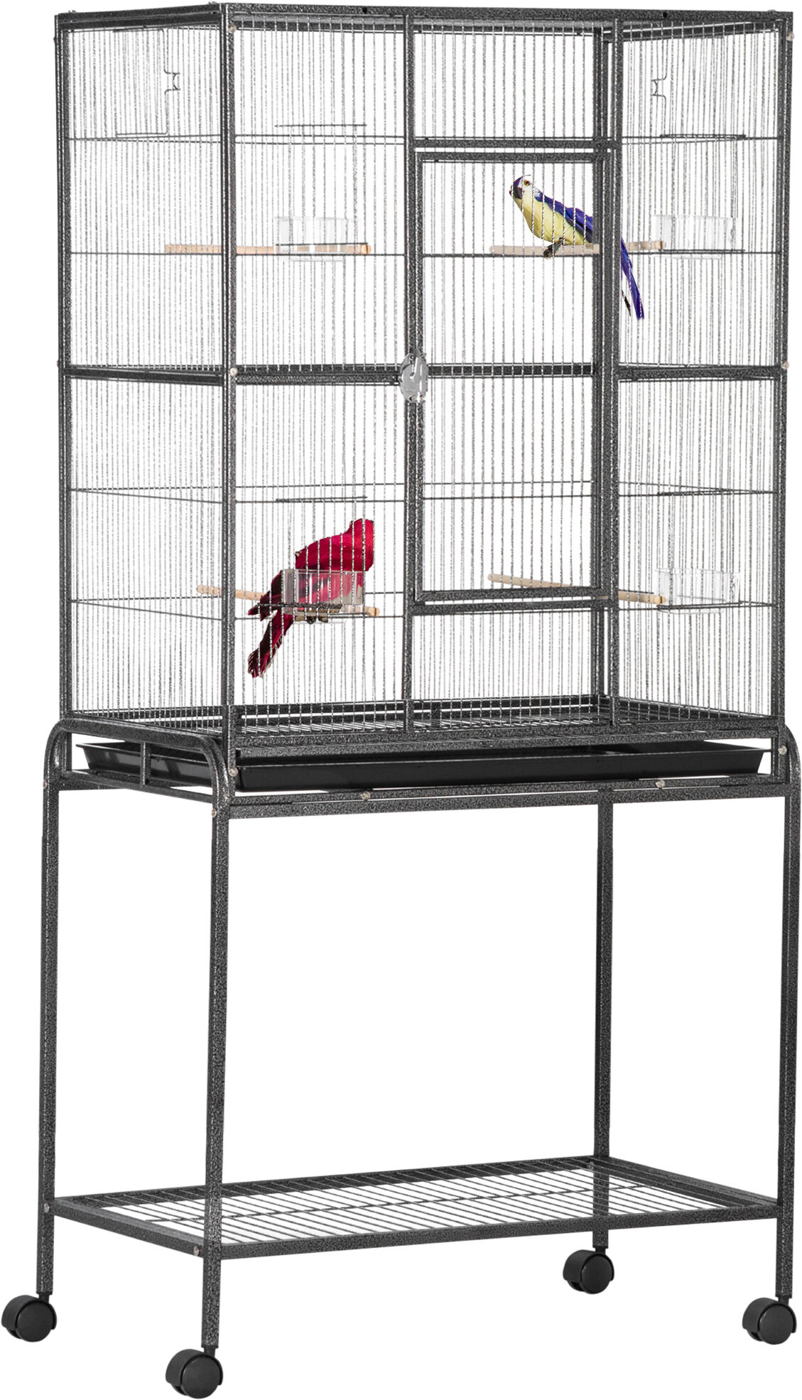 PawHut Avian Abode: Wheeled Metal Cage for Canaries & Parakeets, Wooden Perch, Feeder Tray, Jet Black Aosom UK