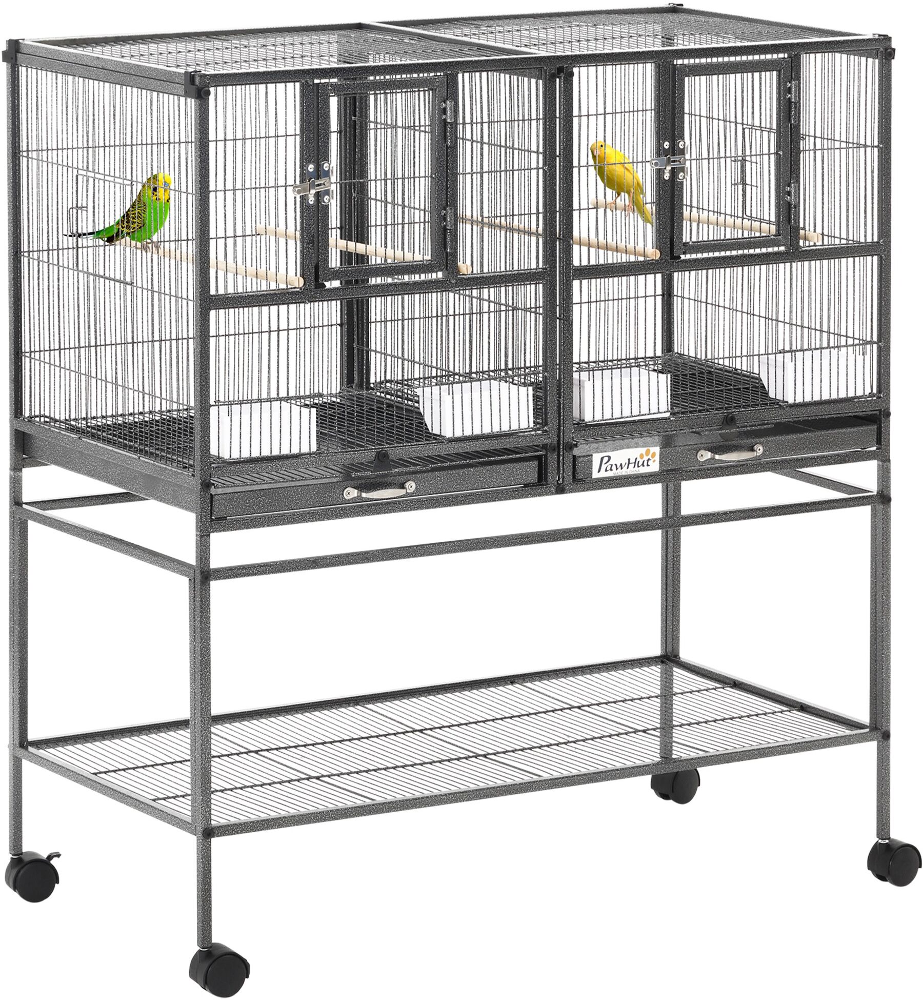 PawHut Double Rolling Metal Bird Cage Parrot Cage with Removable Metal Tray, Storage Shelf, Wood Perch, and Food Container