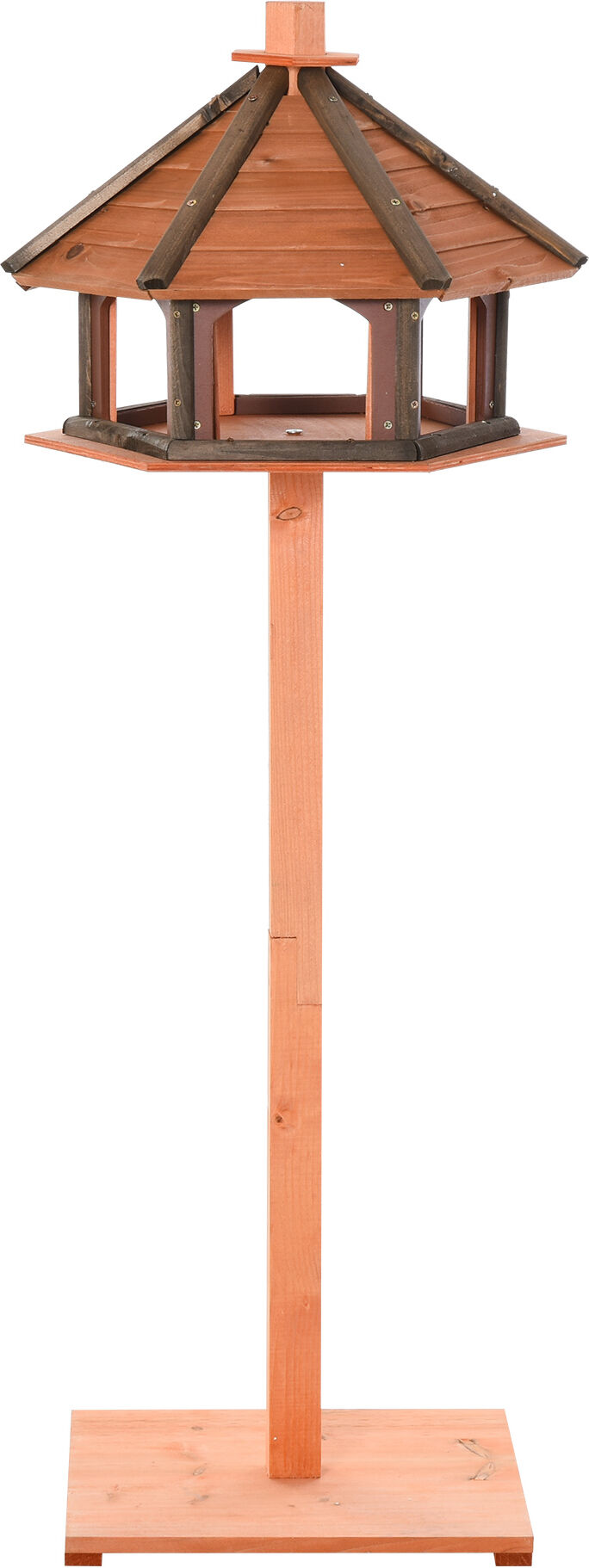 PawHut Wooden Bird Feeder Bird Table Bird House Playstand with Water-resistant Roof 130cm for Outside Use Brown