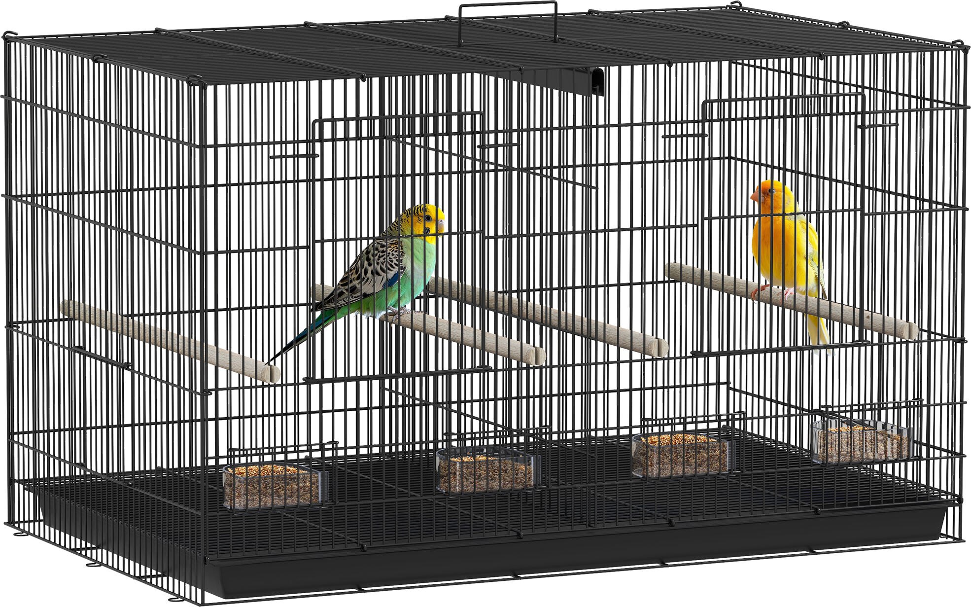 PawHut Bird Cage with Divider, 4 Wooden Perches, Slide Out Tray, 4 Feeders, for Budgie, Lovebird, Canary, 76 x 46 x 46cm, Black