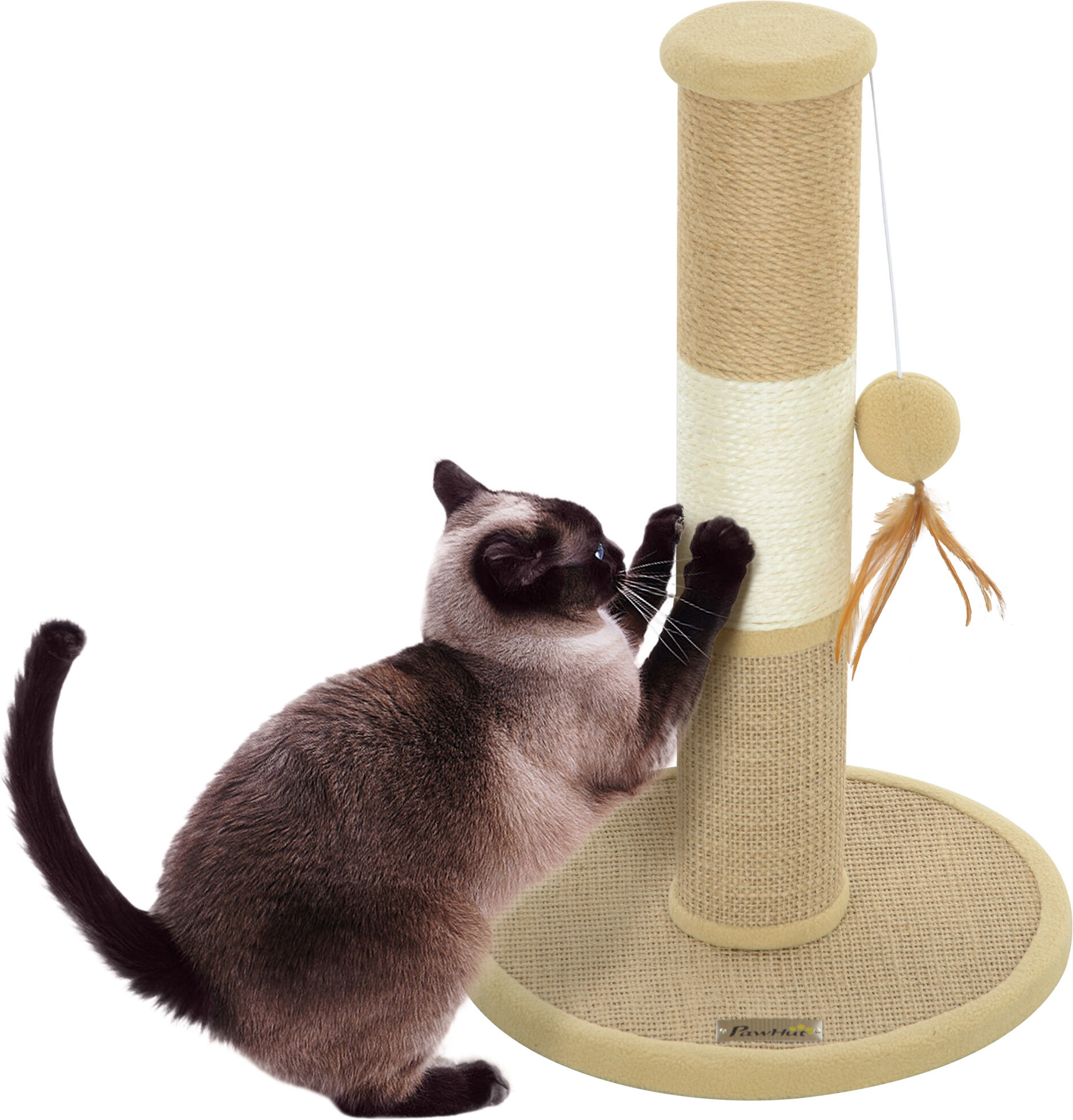 PawHut Cat Scratching Post for Indoor Cats, 47cm Tall Cat Scratcher with Jute Sisal Rope, Hanging Toy Ball, Feather, Brown Aosom UK