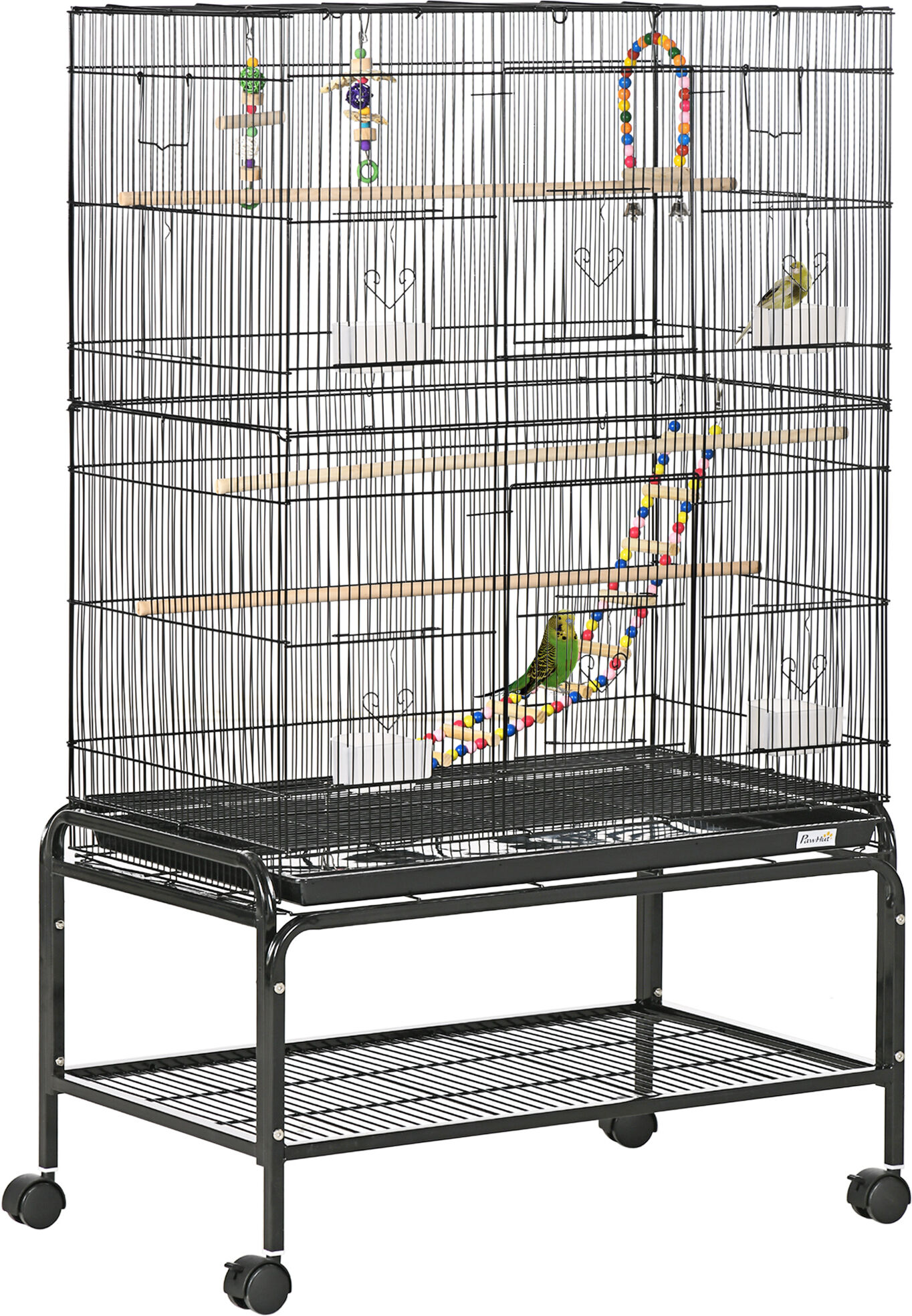 PawHut Steel Budgie Cage 133cm High with Stand, Slide-Out Tray, Toys, Storage Shelf for Canaries, Finches, Lovebirds, Parakeets, Black Aosom UK