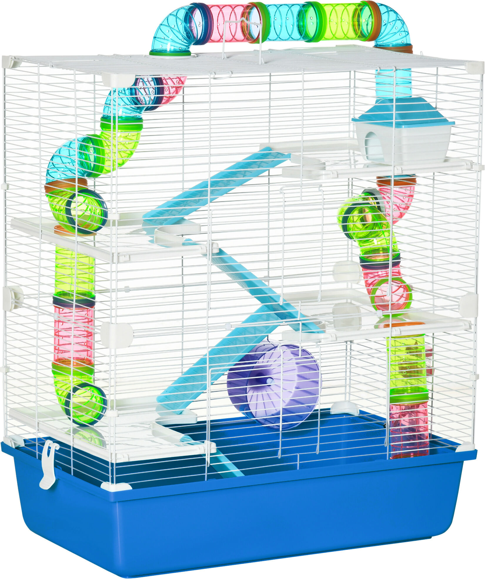 PawHut Large Hamster Cage, 5-Level Gerbil Haven, Small Rodent House, Tunnel Tube System, with Water Bottle, Exercise Wheel, Ramps, 59x36x 69 cm Blue