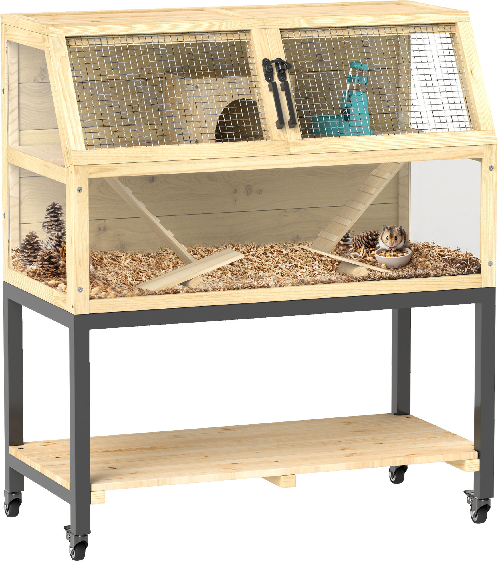 PawHut Wooden Hamster Cage with Storage Shelf, Wheels, Ramps, Water Bottle, Hut, Seesaws, 87 x 43 x 101cm