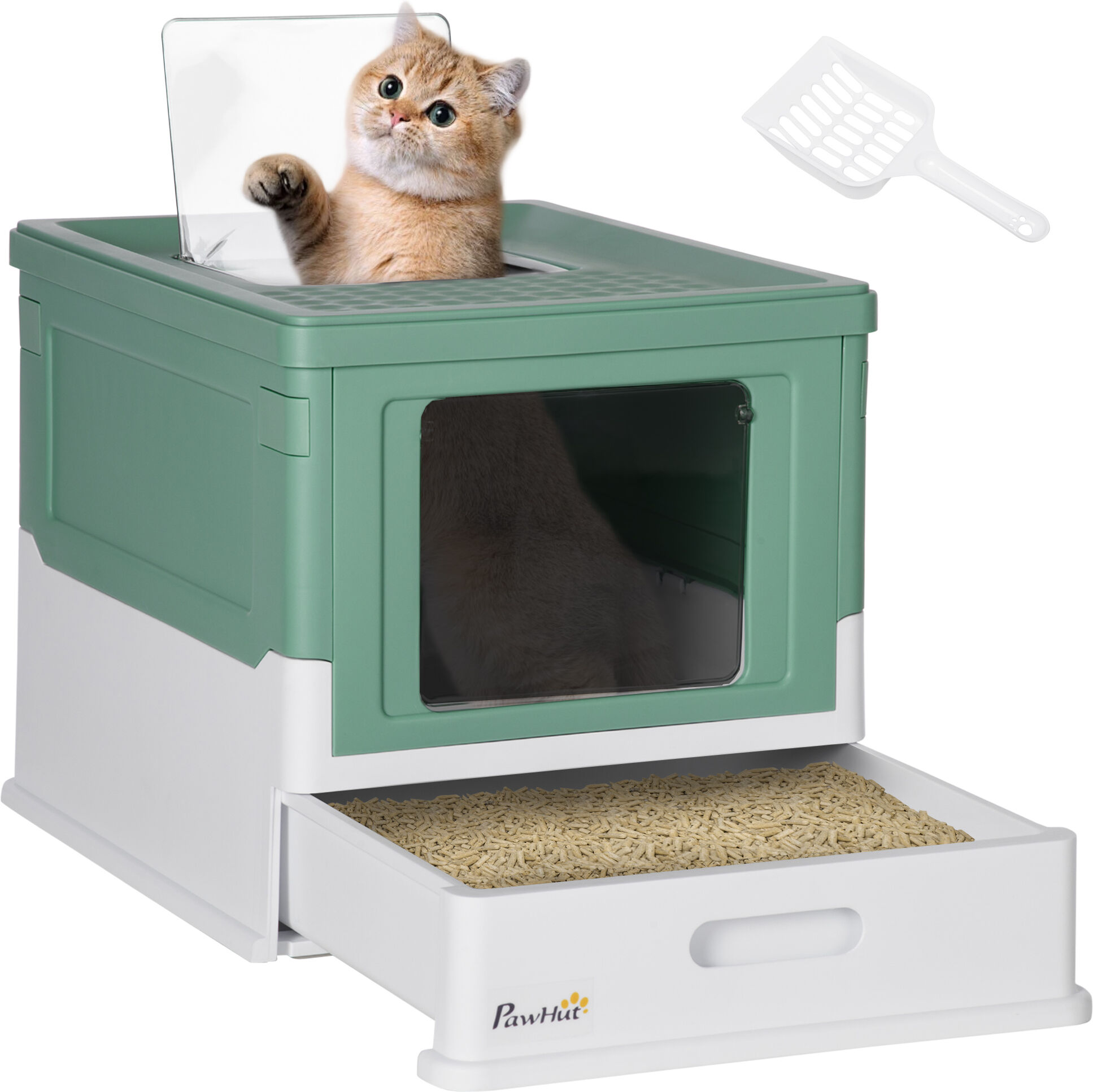 PawHut Enclosed Cat Litter Box with Scoop, Front Entry & Top Exit, Spacious Portable Pet Toilet, 47.5 x 35.5 x 36.7 cm, Green Aosom UK