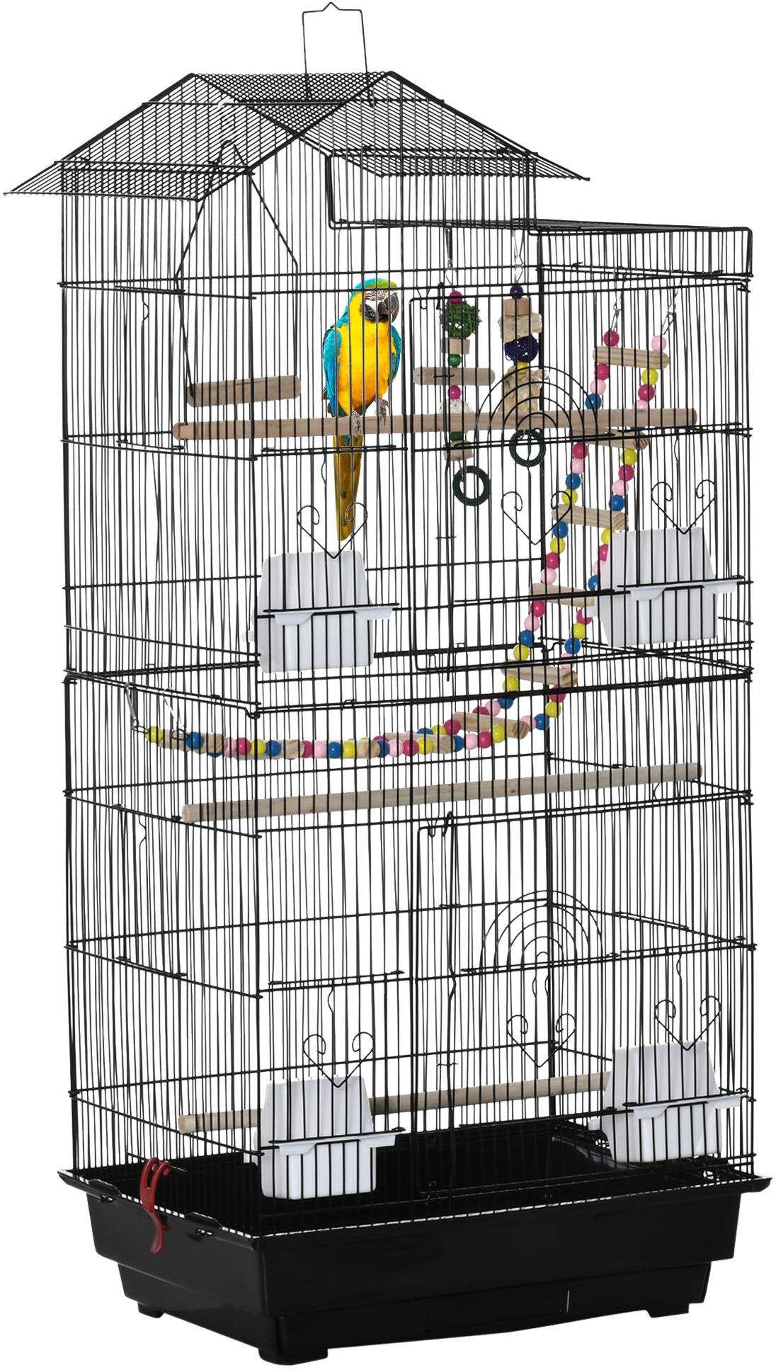 PawHut Bird Cage with Accessories, Suitable for Budgies, Finches, Canaries, Includes Toys, Tray, Handle, 46 x 36 x 100 cm, Black Aosom UK