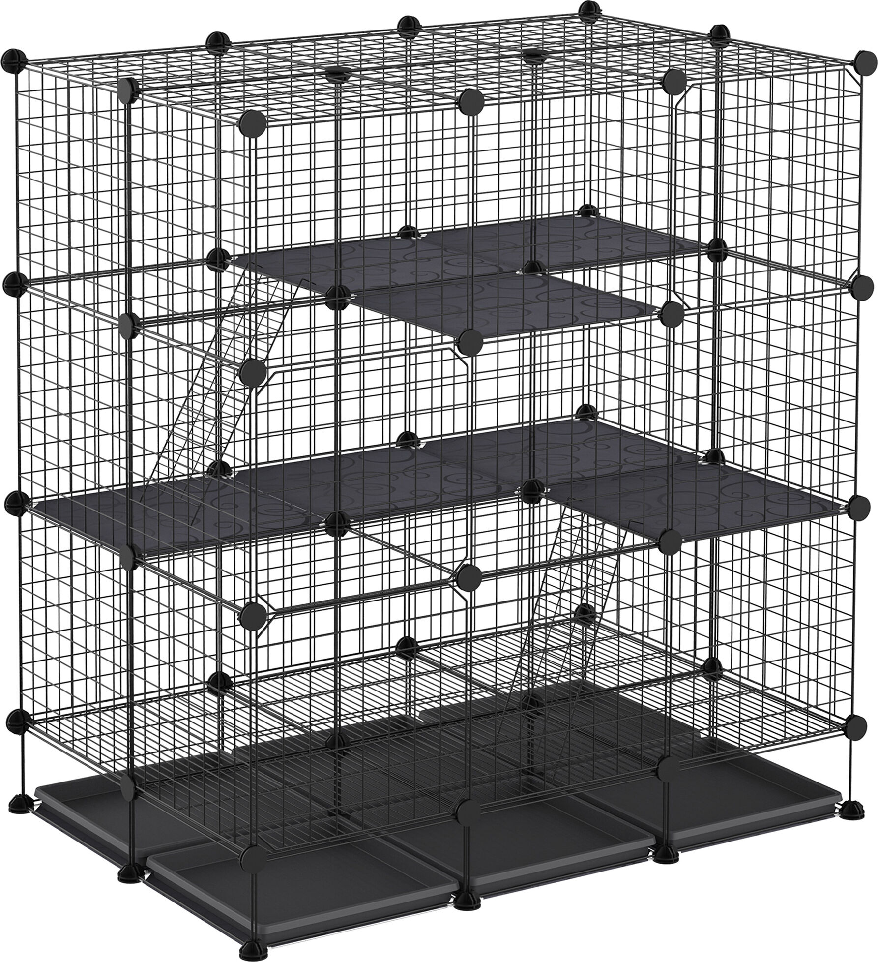 Pawhut 3 Level DIY Pet Playpen Metal Small Animal Cage Guinea Pig Rabbit Ferret Chinchillas Cage 4 Doors Bottom Trays Black Aosom UK