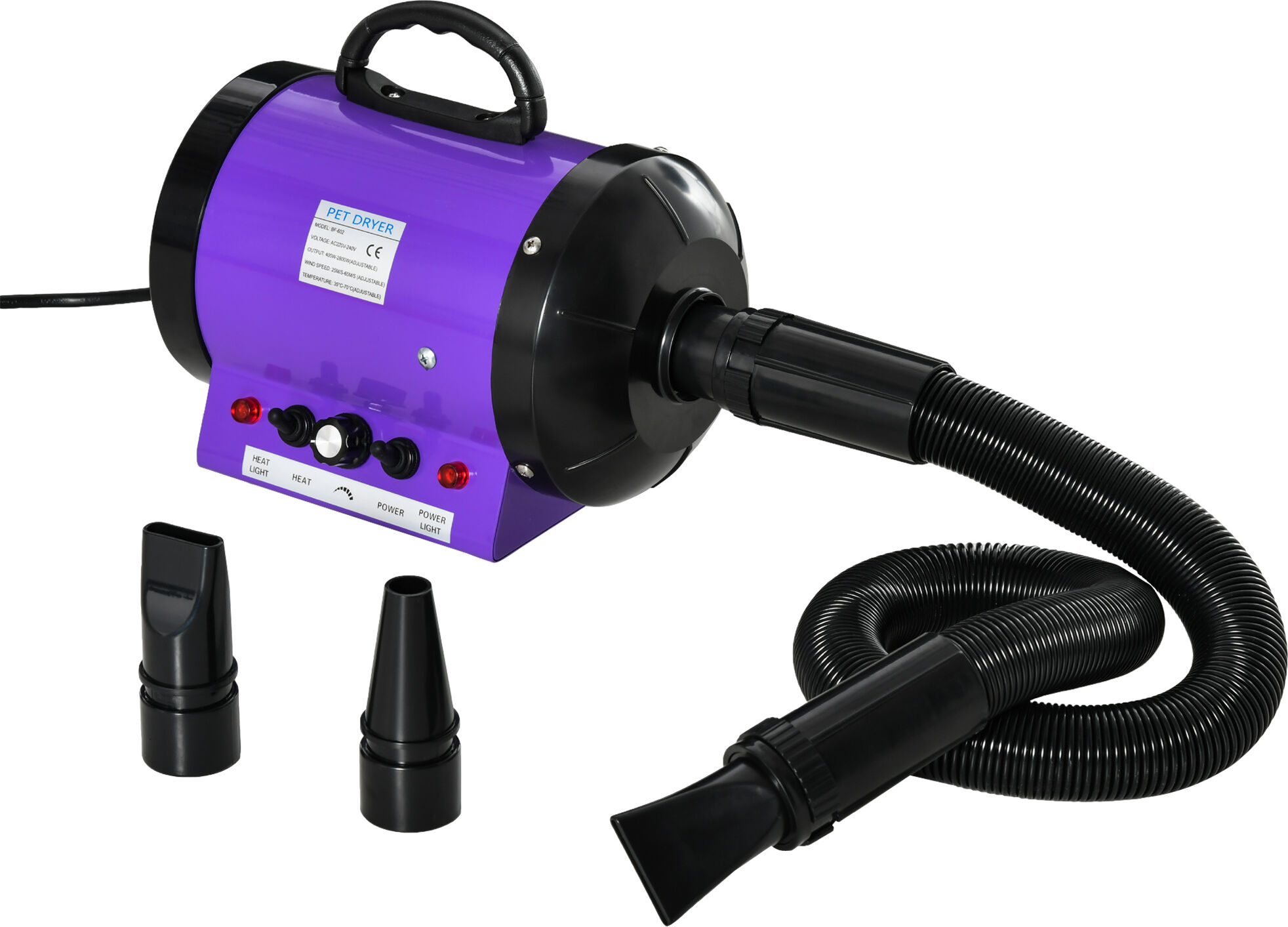 PawHut 2800W Dog Hair Dryer Pet Grooming Blaster Water Blower Dryer w/ 3 Nozzles, Purple Aosom UK