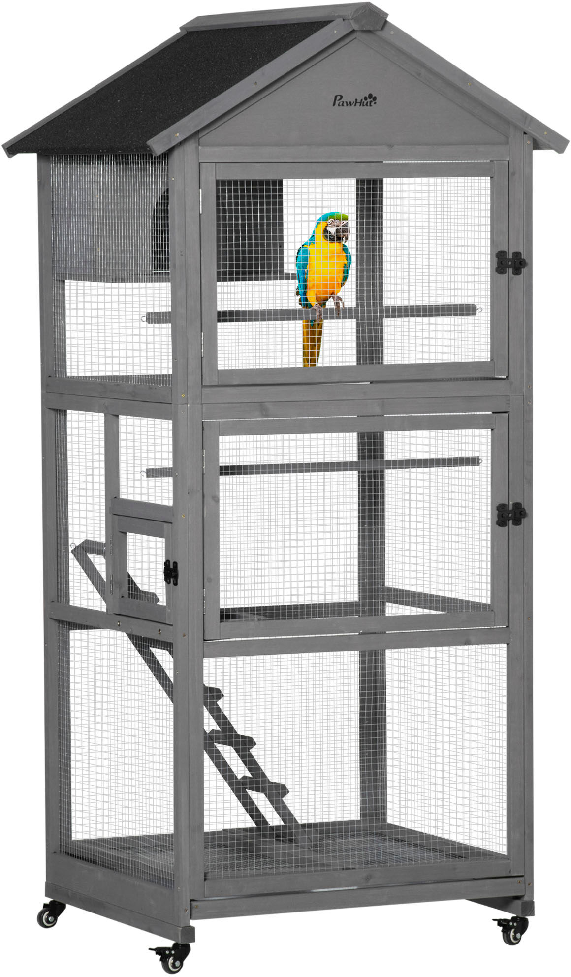PawHut Bird Cage Mobile Wooden Aviary House for Canary Cockatiel Parrot with Wheel Perch Nest Ladder Slide-out Tray 86 x 78 x 180cm Dark Grey
