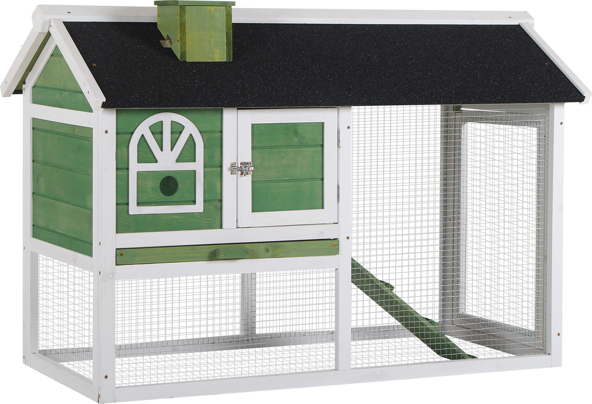 PawHut Rabbit Hutch Wood Bunny Rabbit Cage for Outdoor Indoor with Pull Out Tray Run Box Ramp Asphalt Roof for Small Animals Green Aosom UK