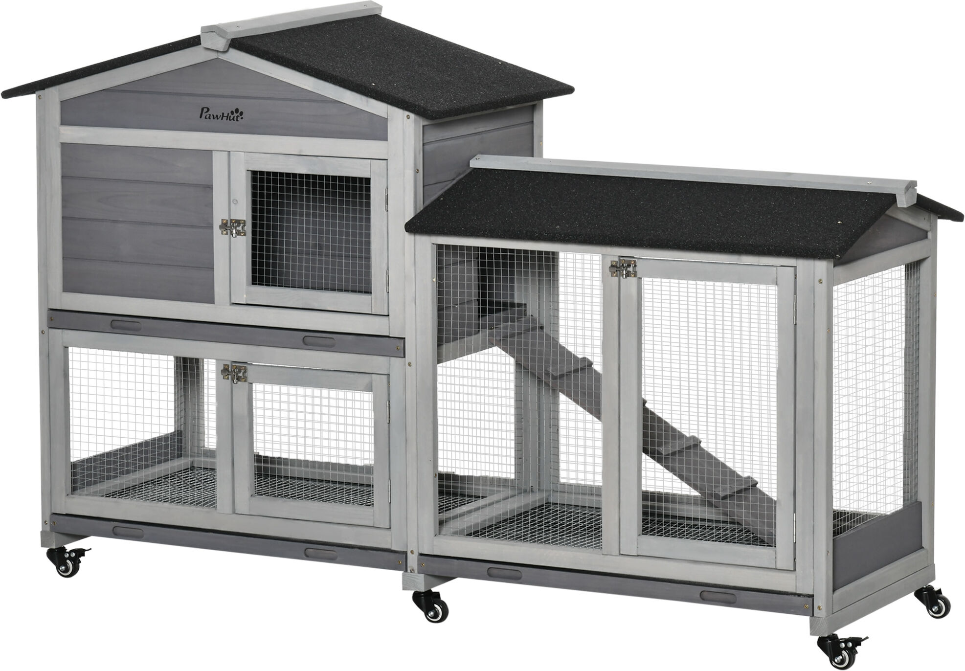 PawHut Two-Tier Rabbit Hutch and Run Wooden Mobile Guinea Pig Hutch Bunny Cage w/ Wheels, Run, Slide-Out Tray, Ramp 157.4 x 53 x 99.5 cm Aosom UK