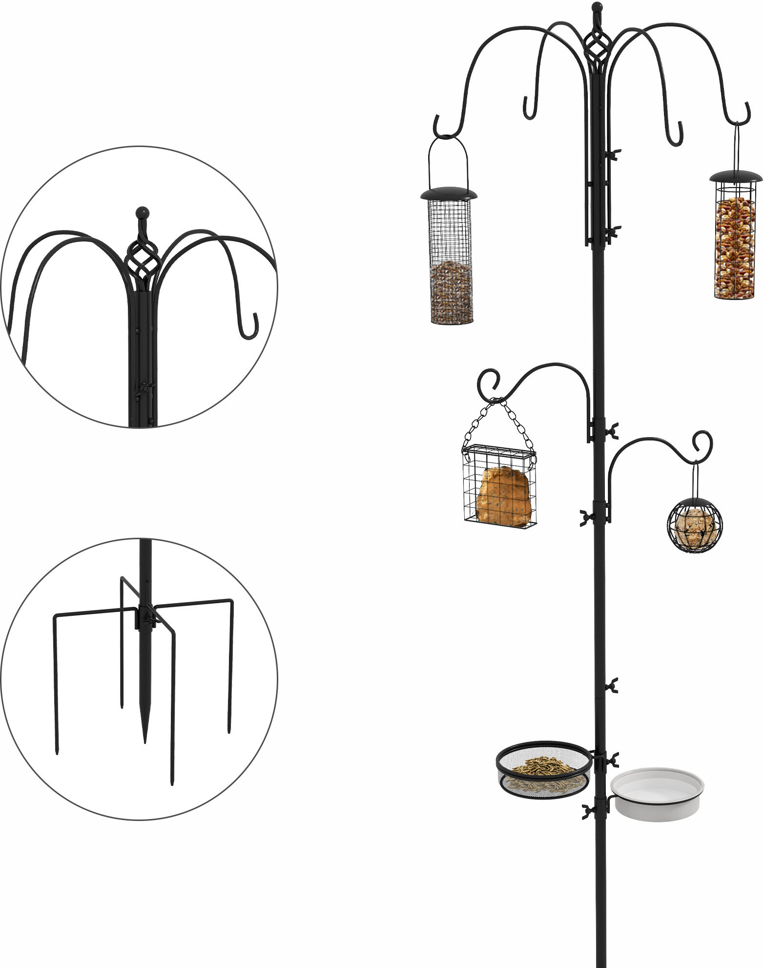 Pawhut Bird Feeding Station Kit, Wild Bird Feeder Pole with 6 Hooks, 4 Hanging Feeders for Peanuts, Seed, Fat Balls, for Garden, Outdoor, Black