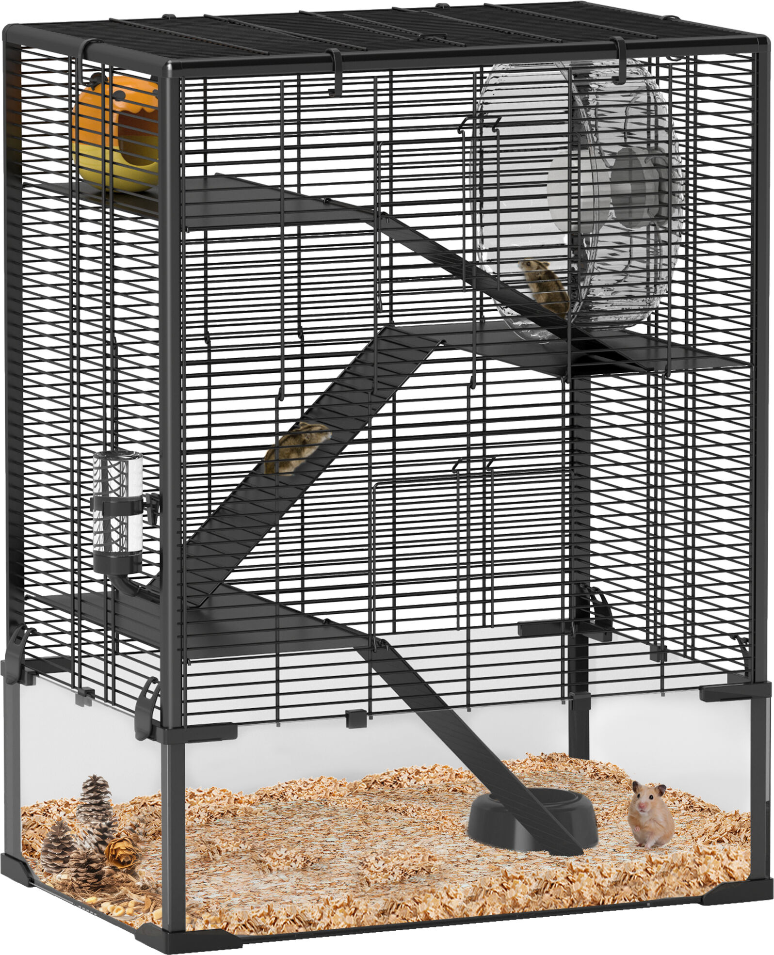 PawHut 4 Tiers Hamster Cage with Deep Tempered Glass Bottom, Hut, Running Wheel, Food Dish, Water Bottle, 60 x 40 x 80cm
