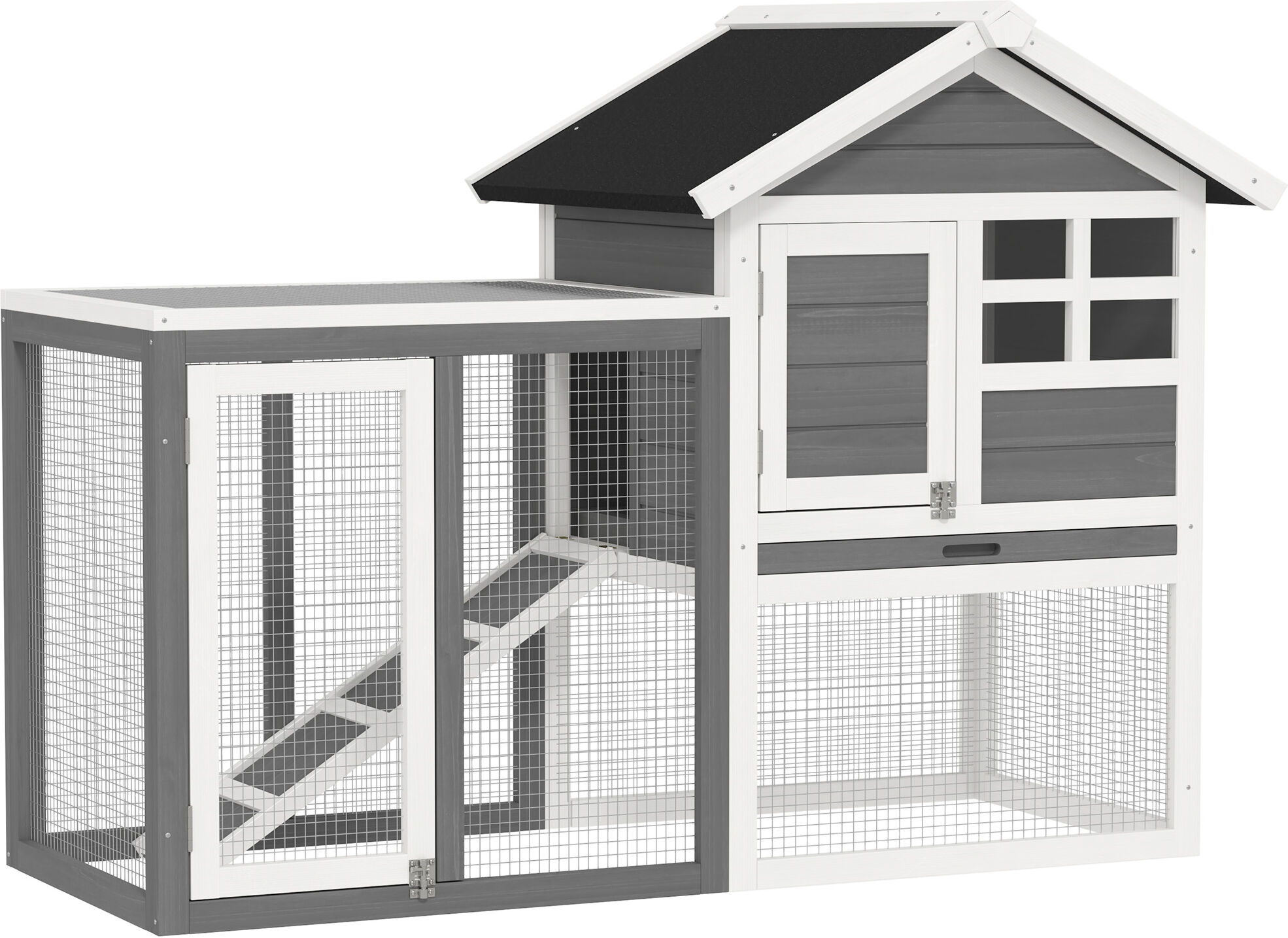PawHut 2 Tier Wooden Rabbit Guinea Pig Hutch Guinea Pig Cage Bunny Cage Pull Out Tray Small Animal House w/ Ramp 122 x 62.6 x 92 cm