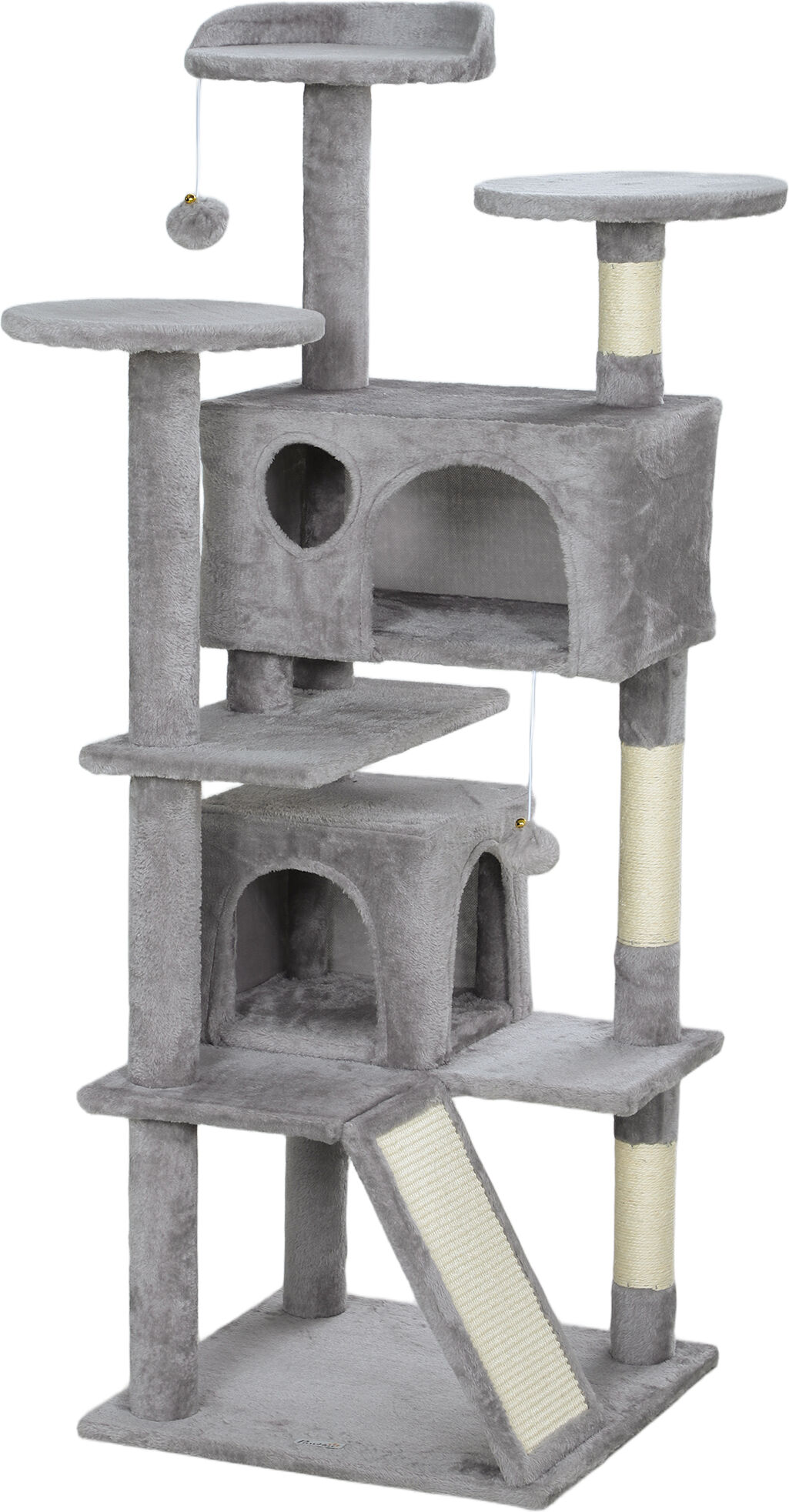 PawHut 138cm Cat Tree, Multi-Level Cat Tower with Scratching Posts and Pad, Bed, Condos, Platforms, Toy Balls, Light Grey