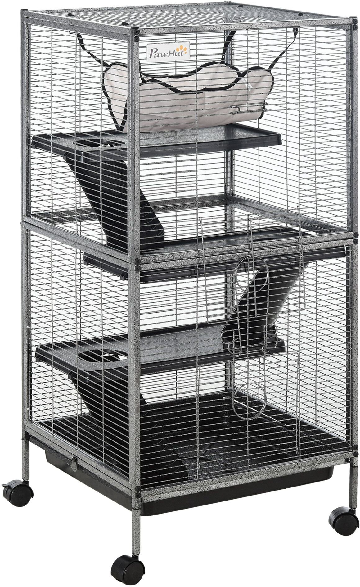 PawHut Small Animal Cage with Wheels Pet Home for Chinchillas, Ferrets, Kittens , Hammock, 4 Platforms and Removable Tray