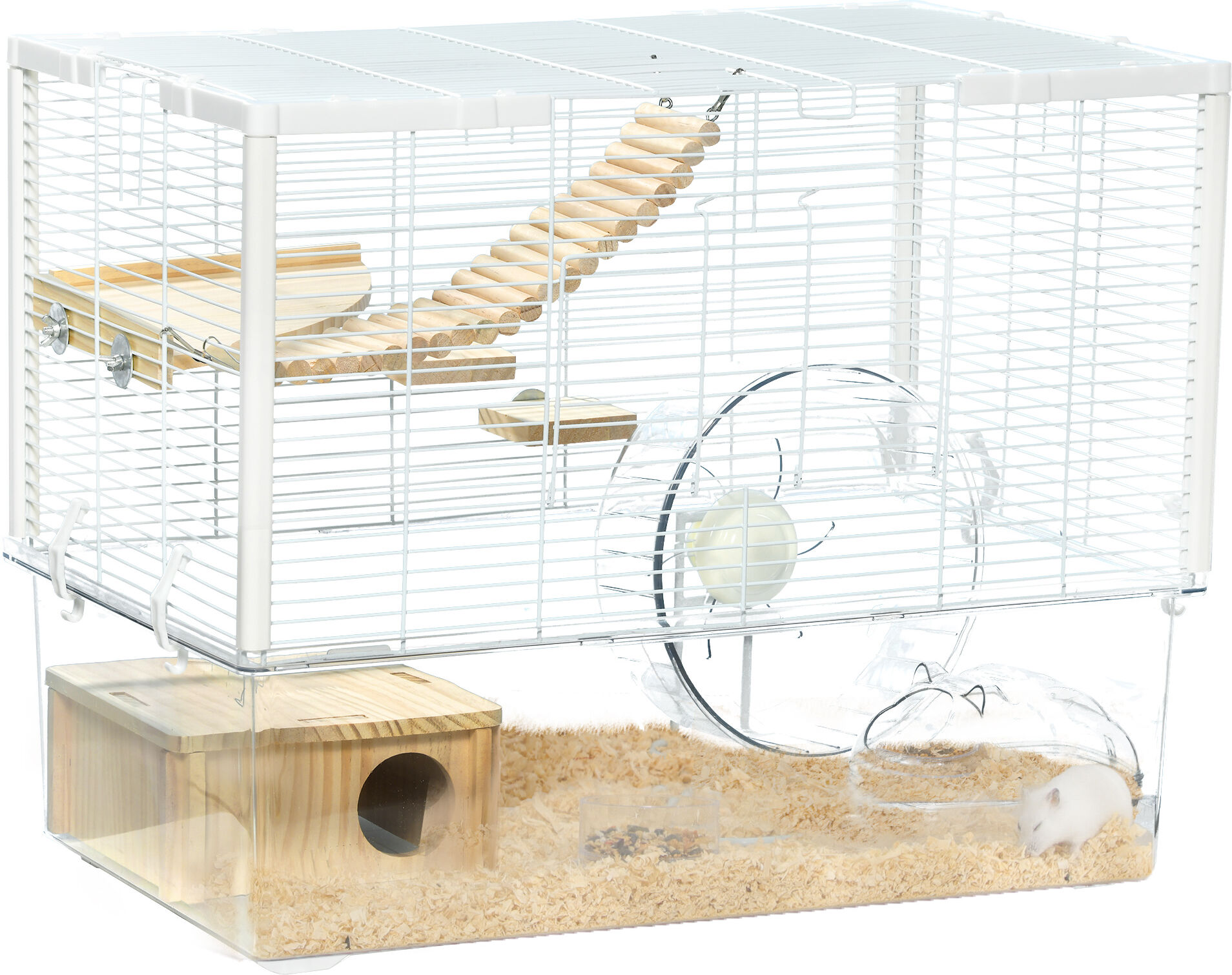PawHut Hamster Cage, Gerbilarium Cage, Wooden Ramp, Exercise Wheel, Food Bowl, Natural Tone and White Aosom UK