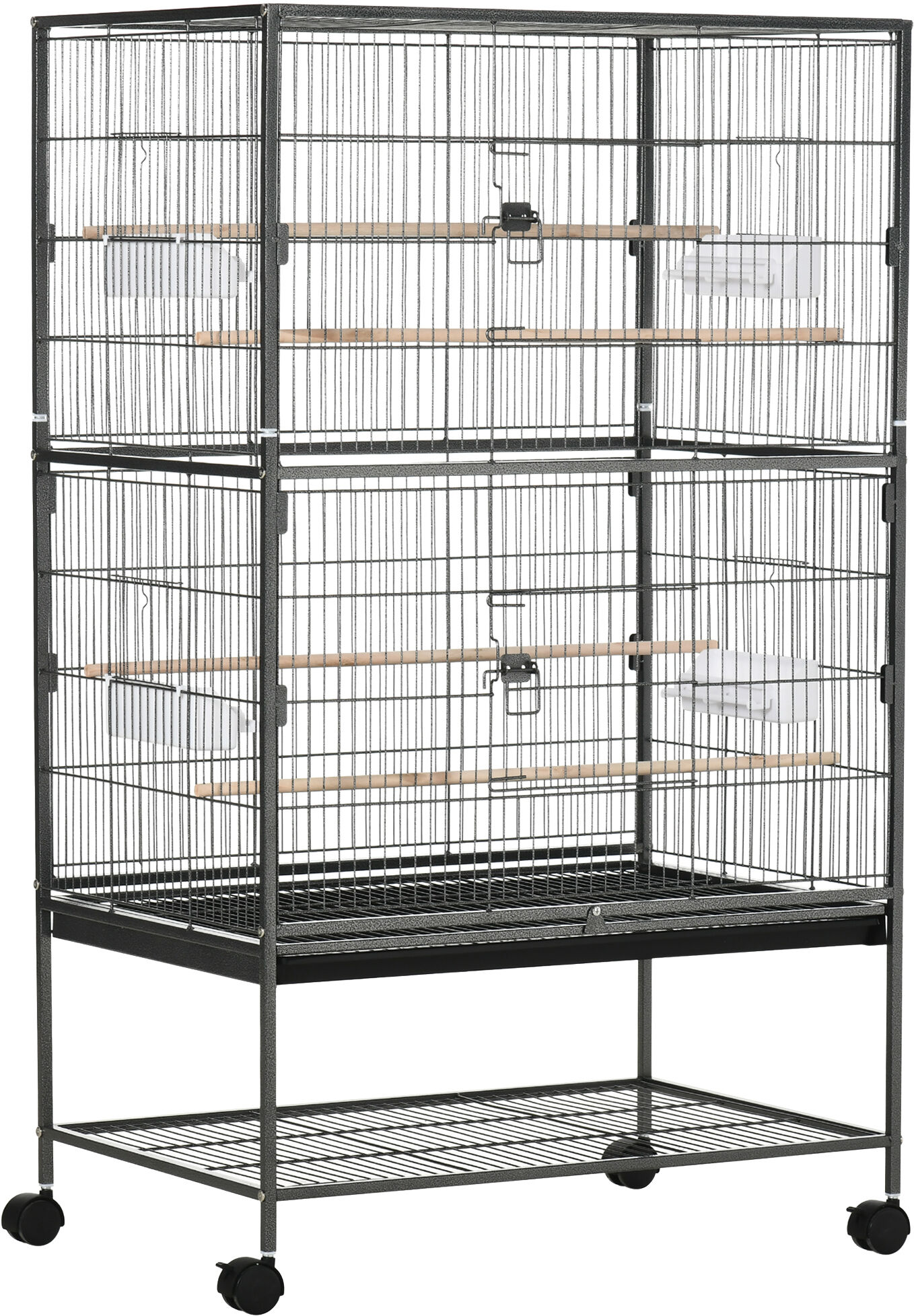 PawHut Large Bird Cage Budgie Cage for Finch Canaries Parakeet w/ Rolling Stand, Slide-out Tray, Shelf, Food Containers, Dark Grey Aosom UK