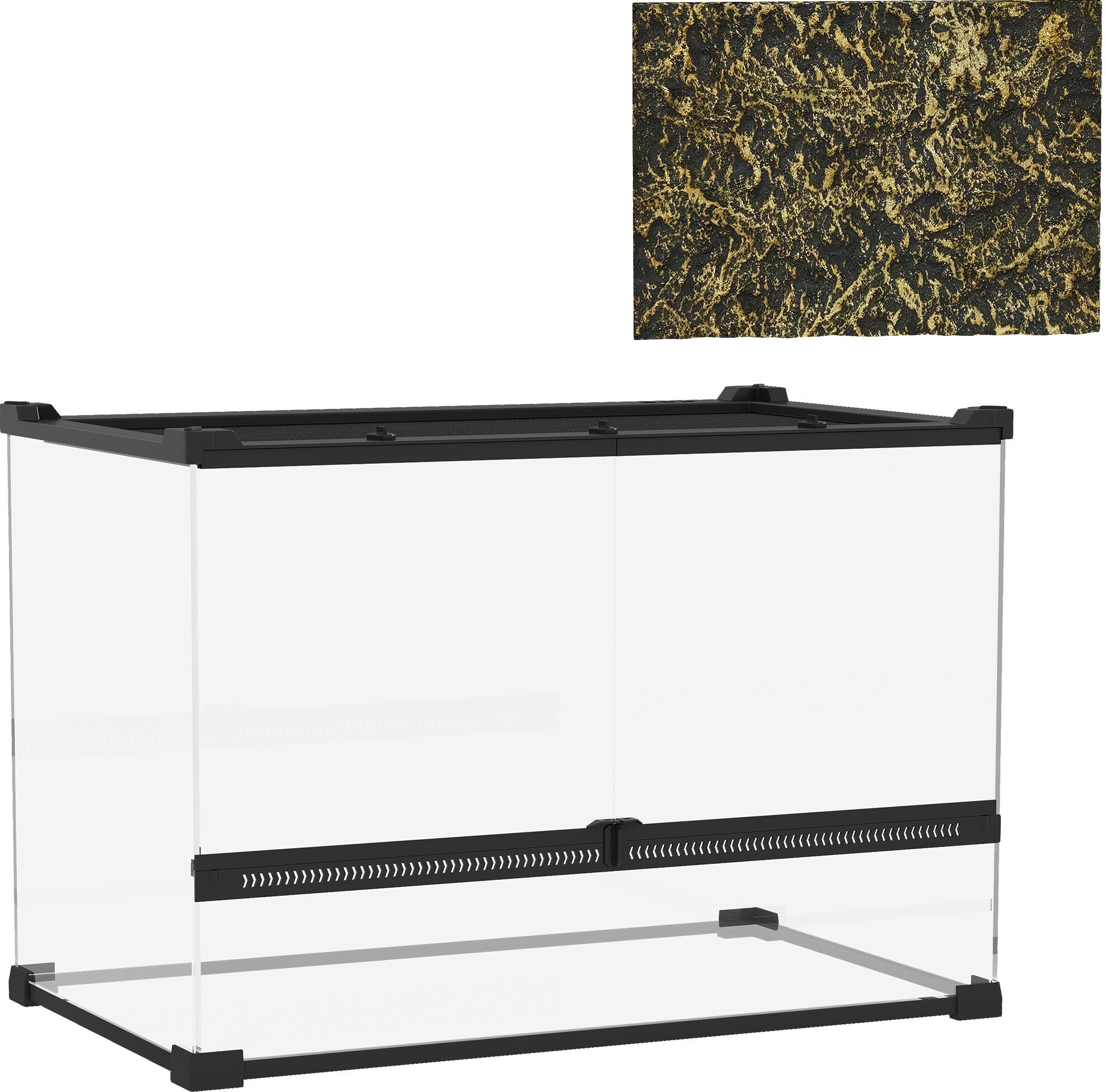 PawHut Reptile Glass Terrarium with Stone Background, Front Ventilation, Escape-Proof Knob Lock, 50 x 30 x 35 cm, Black
