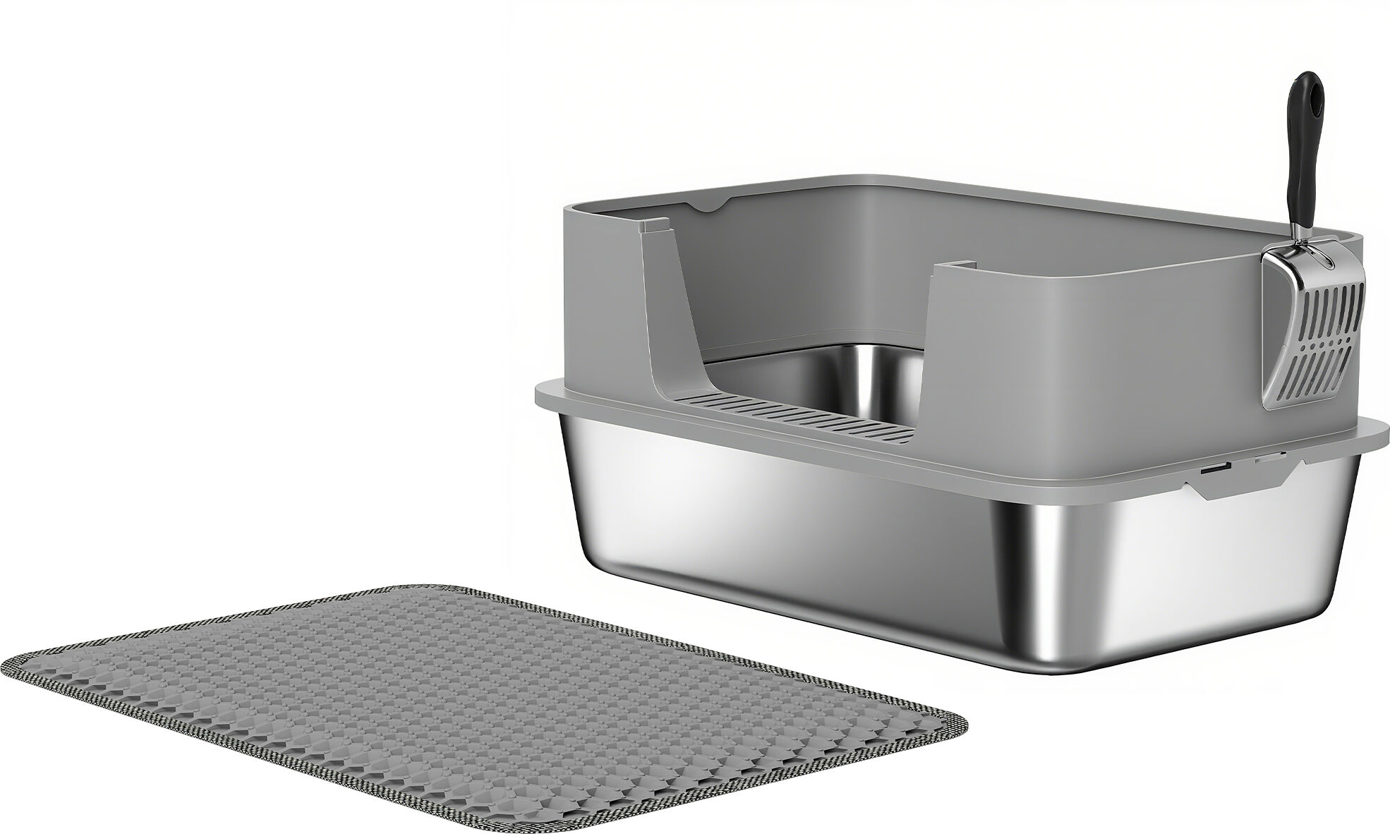 PawHut High Sided Stainless Steel Litter Box, Metal Cat Litter Tray with Scoop, Litter Mat, Never Absorbs Odors, Grey