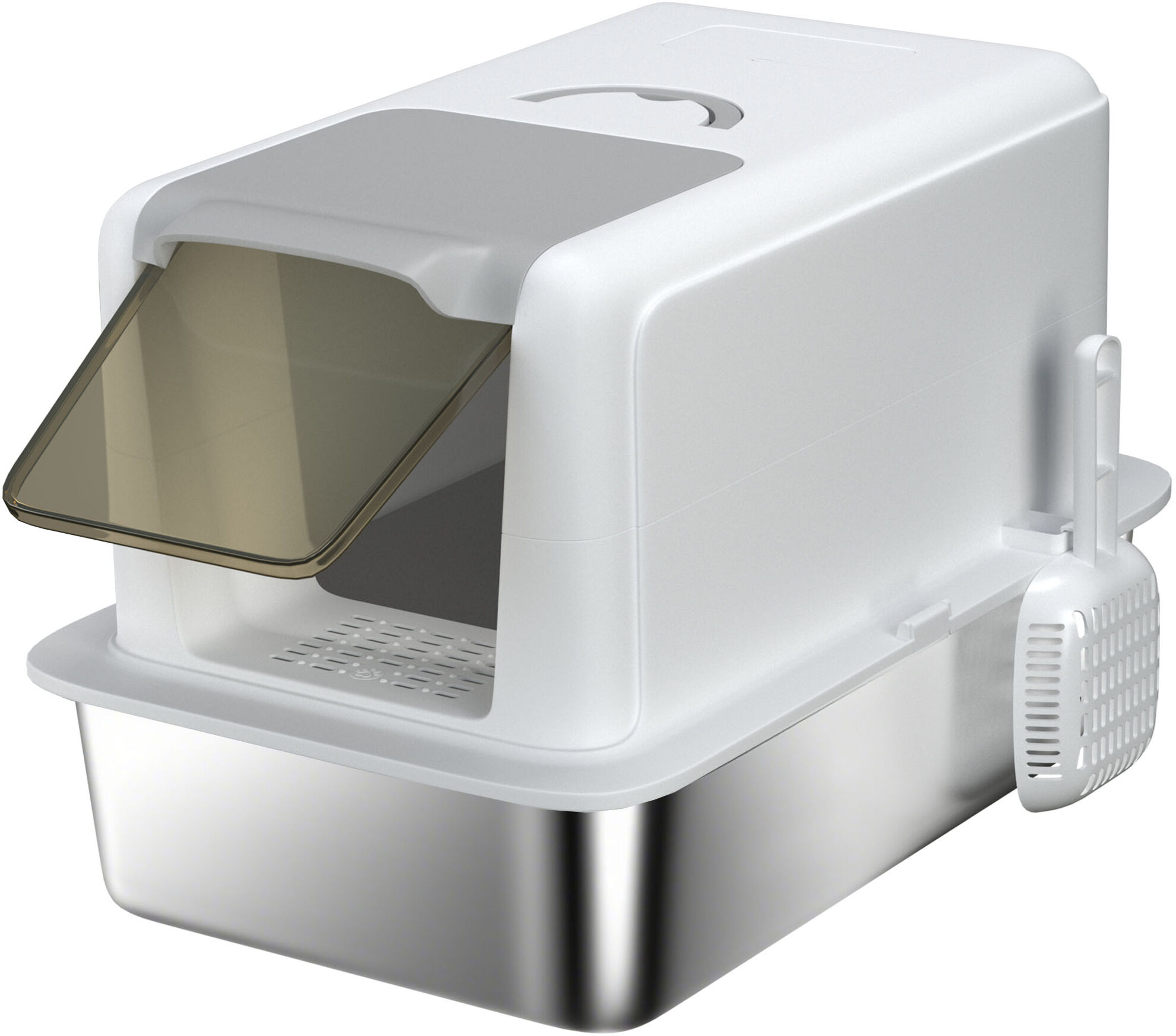 PawHut Stainless Steel Cat Litter Box with Removable Lid, Scoop, Filter Bags, for Larger Cats, White