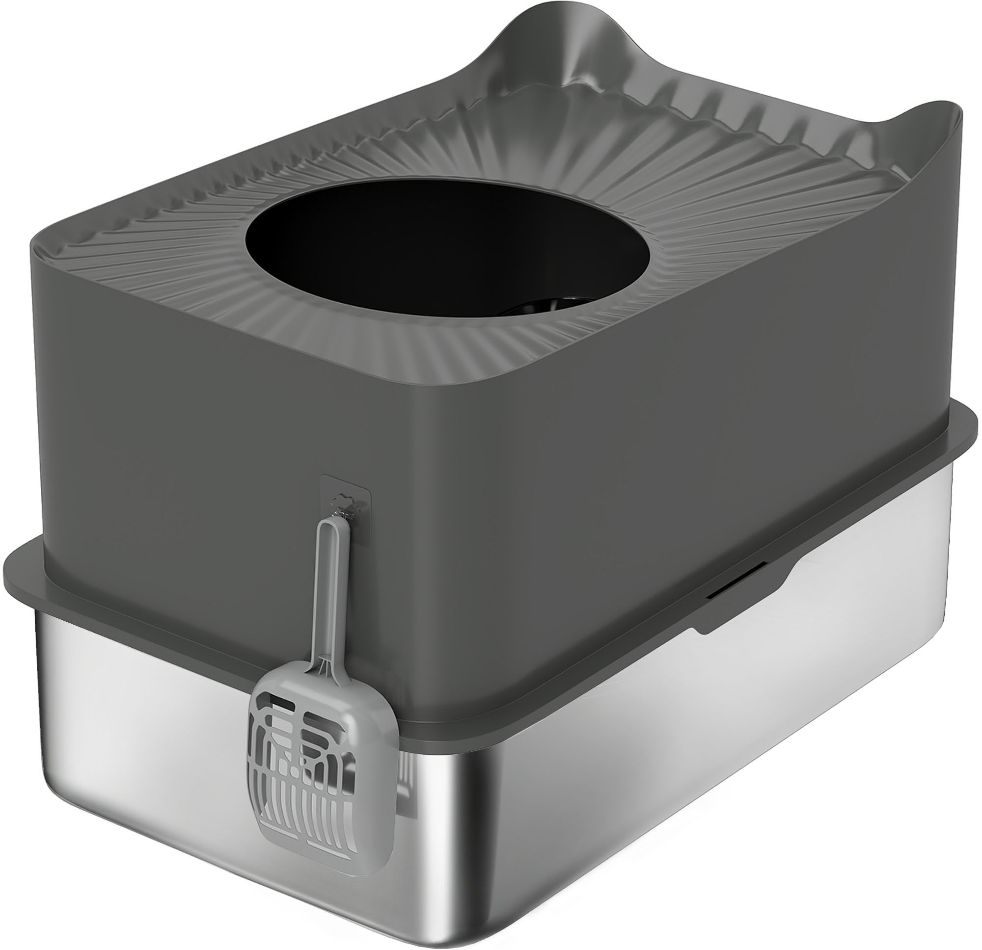 PawHut Stainless Steel Cat Litter Tray, Extra Large Enclosed Litter Box with Scoop, Top Entrance, Non-slip Pads, Dark Grey