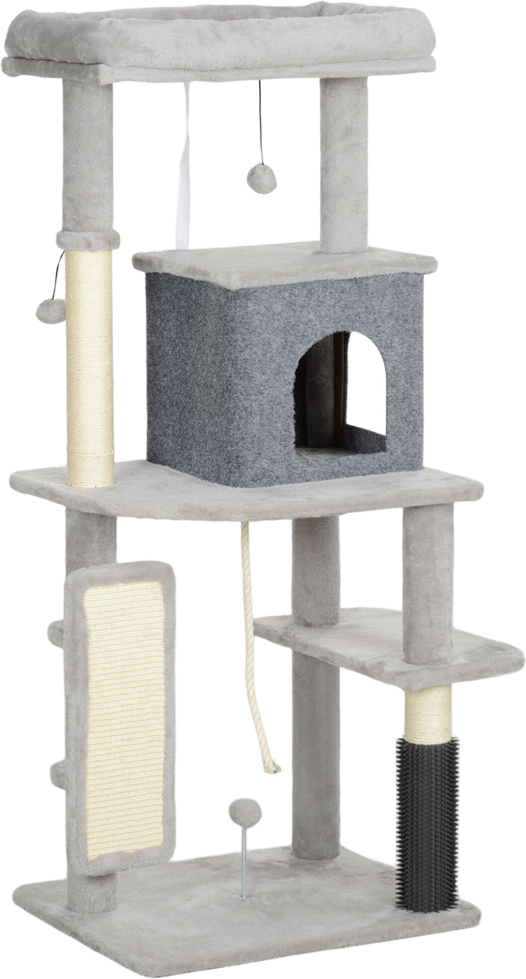 PawHut 132cm Cat Tree w/ Scratching Posts, Pad, Cat Bed, Cat House, Jumping Platform, Grooming Brush, Anti-Tip Kit, Light Grey Aosom UK