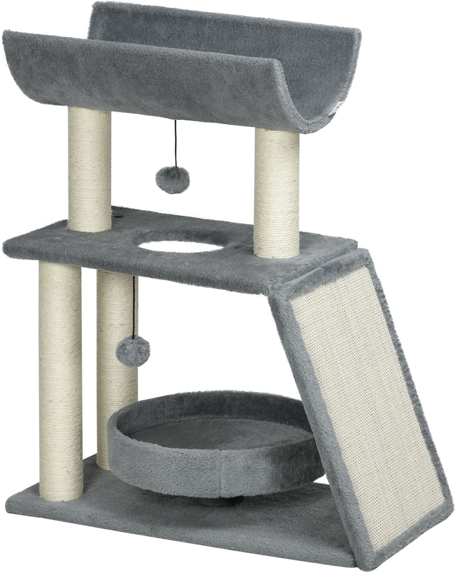 PawHut Cat Tree Tower: Scratching Posts, Cosy Bed & Perch, Interactive Ball Toy for Feline Fun, Light Grey Aosom UK