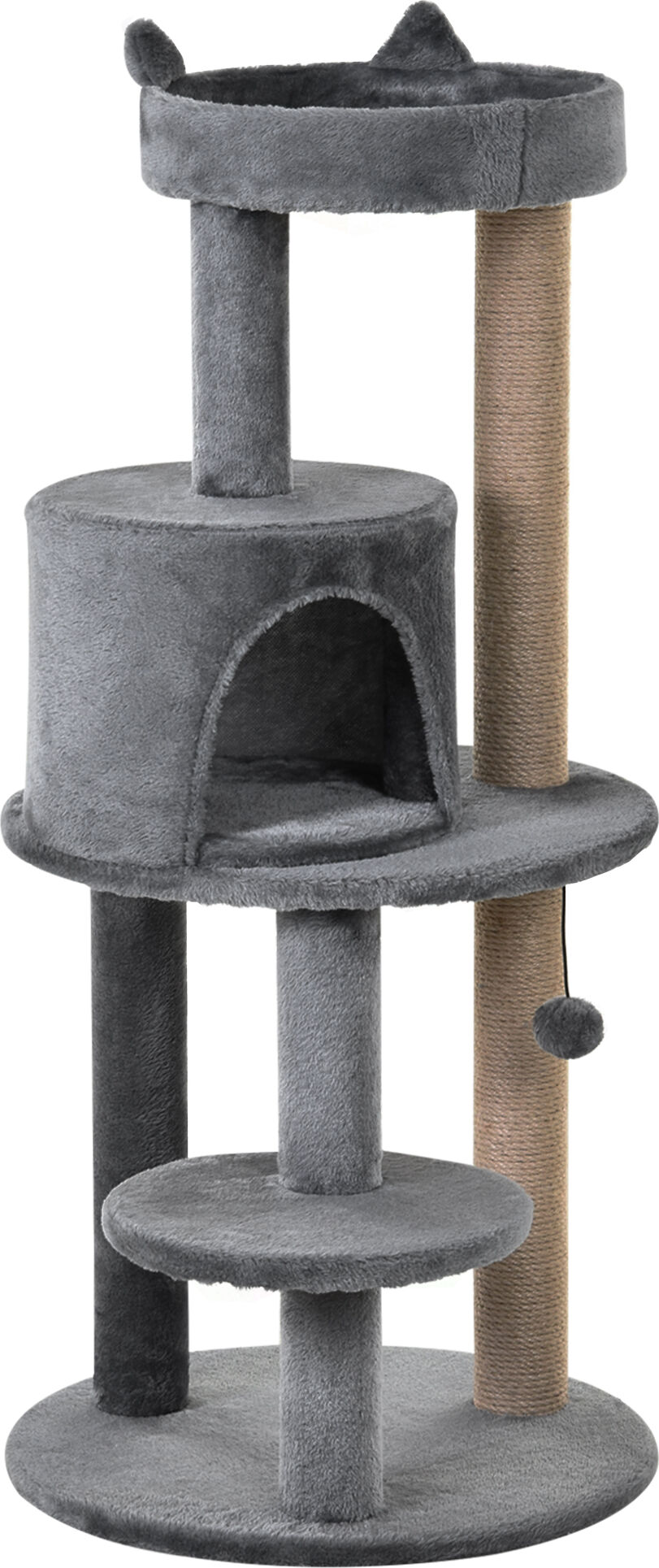 PawHut Deluxe Cat Tree with 3-Tier, Scratching Posts, Play Ball, and Plush Toy for Climbing and Relaxing, Grey Aosom UK