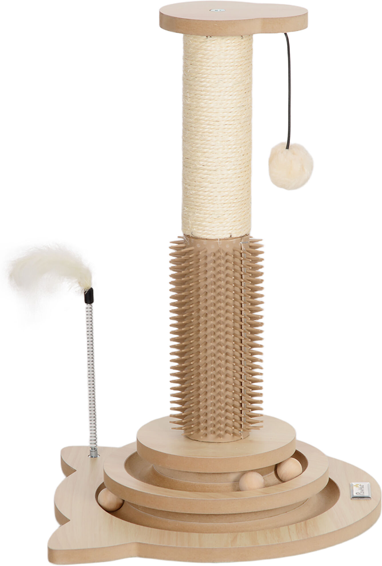 PawHut Scratching Post, 5 in 1 Cat Post with Sisal Post, Track Ball Toy, Self Grooming Brush, Hanging Toy Ball, Feather, Oak Aosom UK
