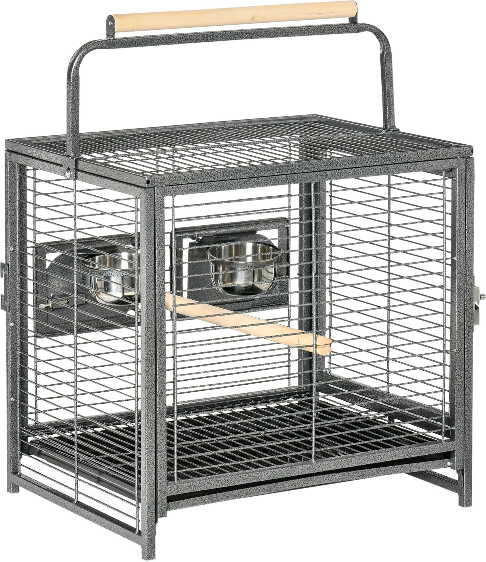 PawHut Metal Bird Cage, Portable Parrot Carrier for Green Cheek, Canary, Parakeet, Cockatiel, with Wooden Perch, Black Aosom UK