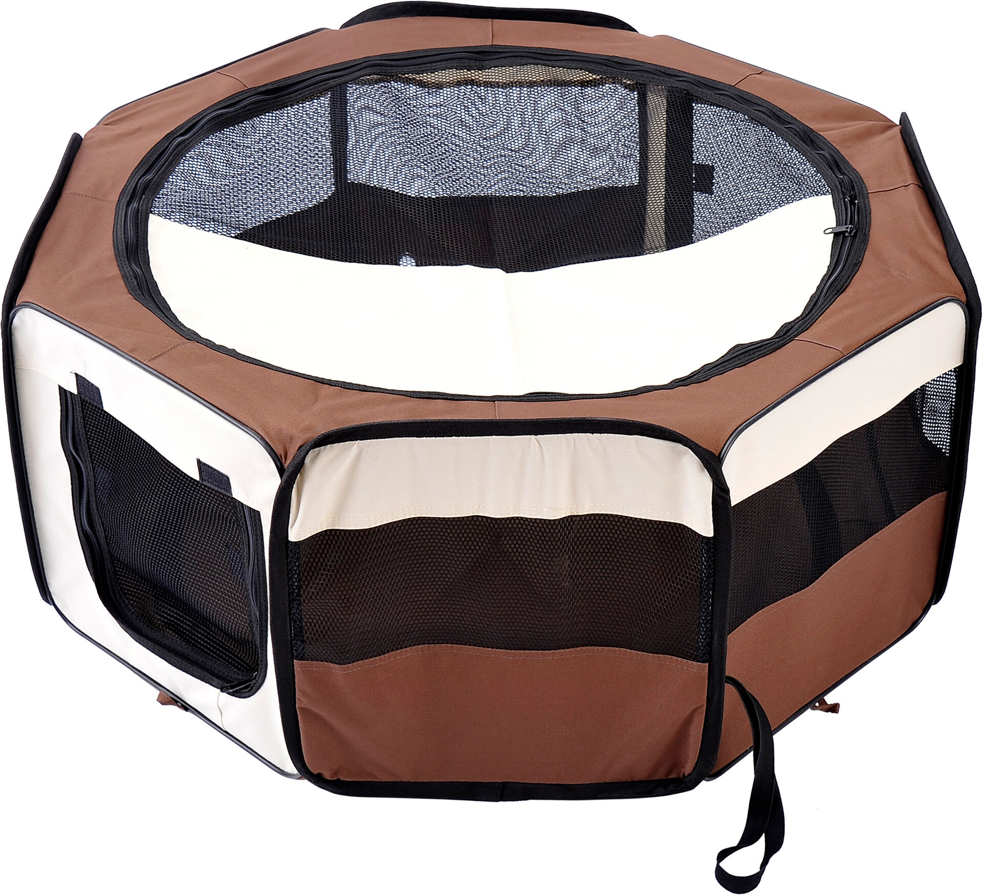 PawHut Fabric Pet Puppy Dog Cat Rabbit Pig Guinea Playpen Play Pen Run Dia90 x 41H cm Brown and Cream Aosom UK