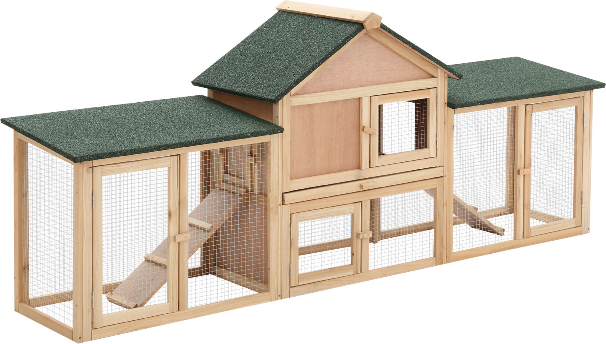 PawHut Deluxe Two-Storey Wooden Bunny Rabbit Hutch, Guinea Pig Hutch, w/ Ladder Outdoor Run Box Slide-out Tray 210 x 45.5 x 84.5 cm