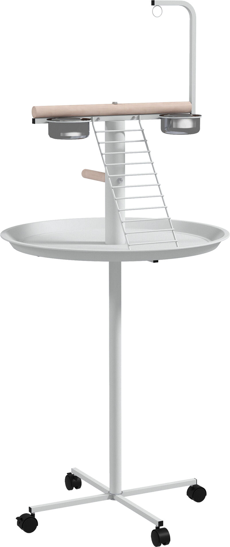 PawHut Bird Stand with Four Wheels, Perches, Stainless Steel Feed Bows, Round Tray, for Garden, Indoor, Outdoor - White Aosom UK