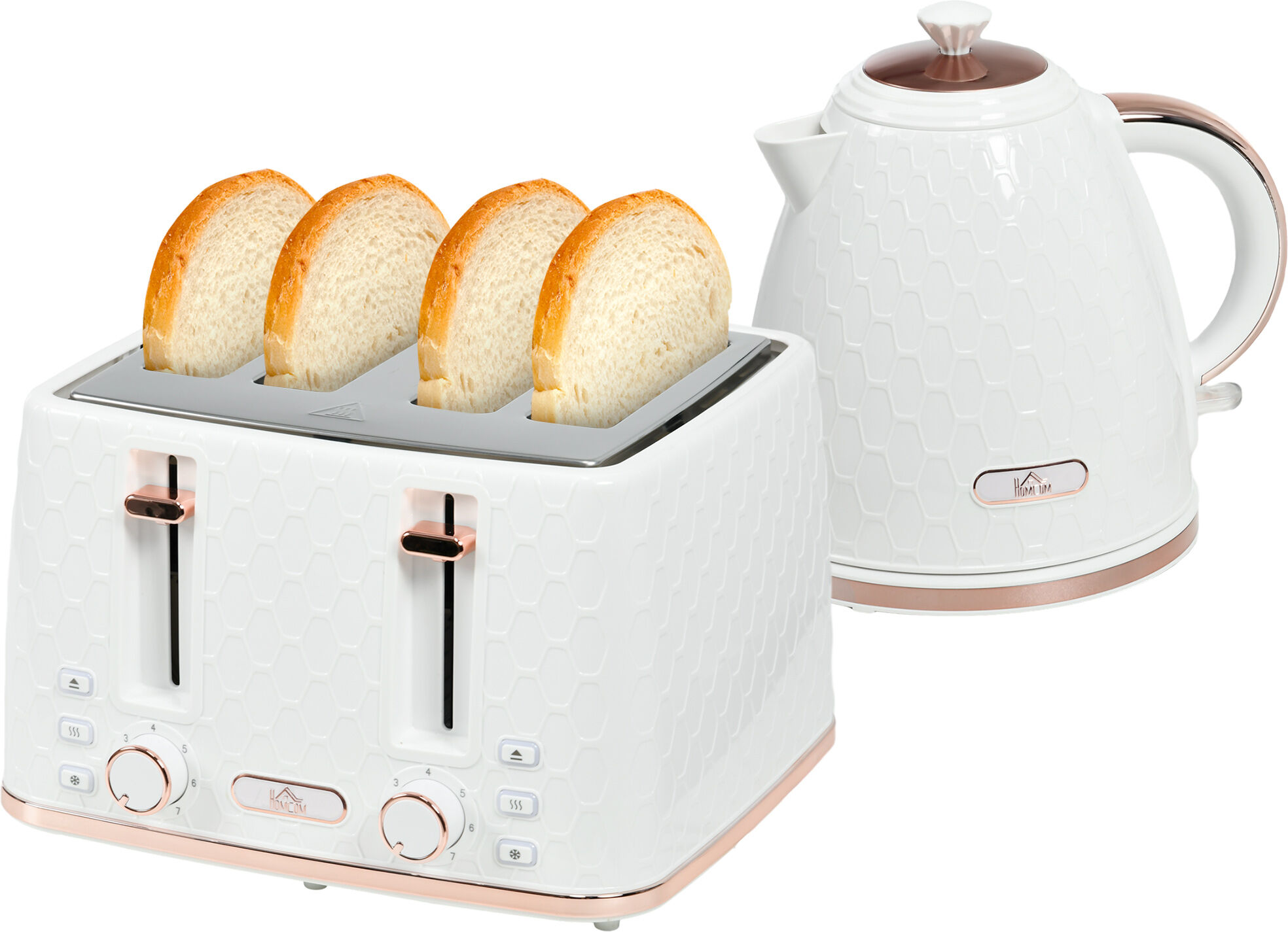 HOMCOM 1.7L 3000W Fast Boil Kettle & 4 Slice Toaster Set, Kettle and Toaster Set with 7 Browning Controls, Crumb Tray, White