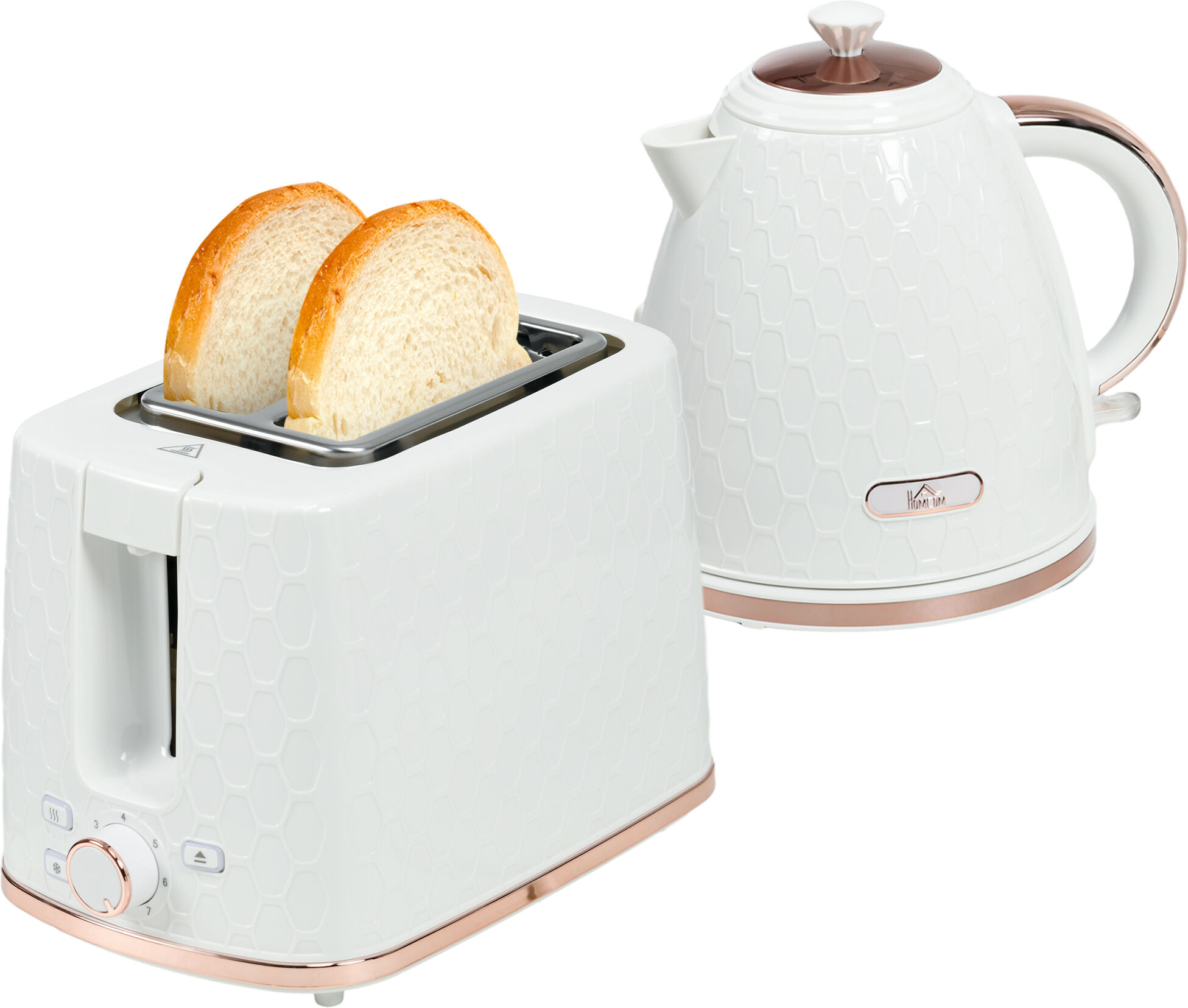 HOMCOM 1.7L 3000W Fast Boil Kettle & 2 Slice Toaster Set, Kettle and Toaster Set with Auto Shut Off, Browning Controls, White