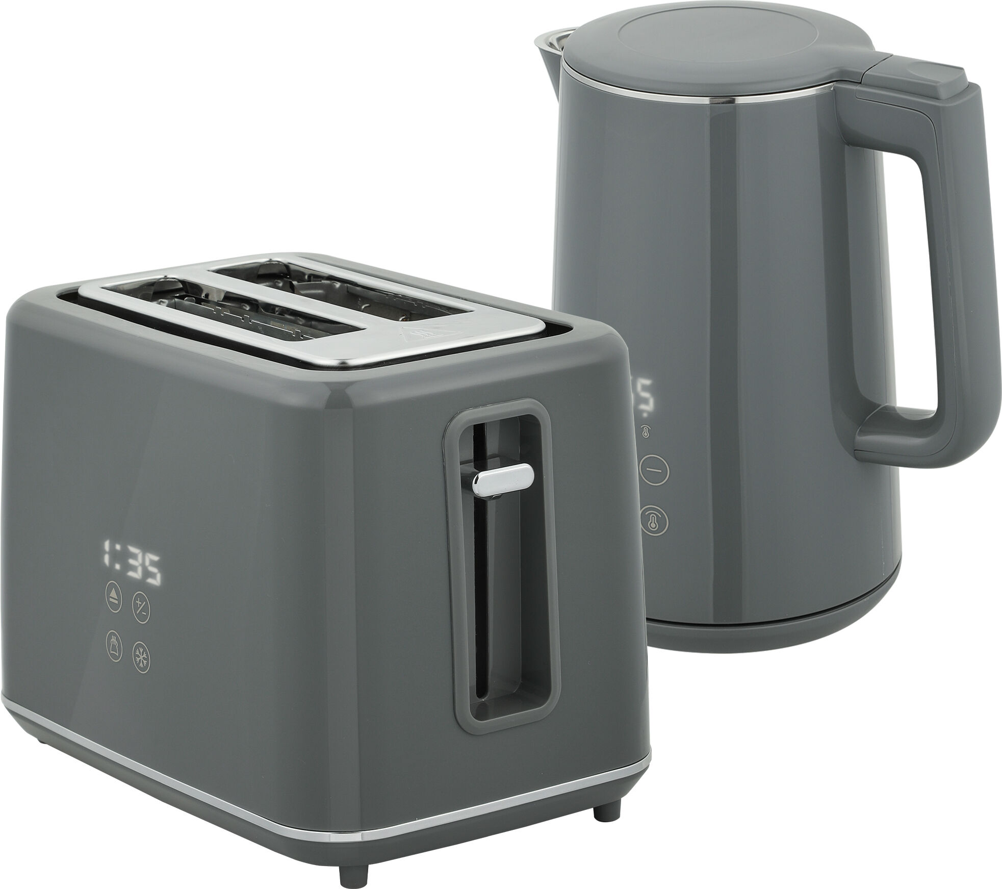 HOMCOM Digital Kettle and Toaster Set, 1.5L 3000W Fast Boil Kettle, 2 Slice Toaster Kitchen Set with 7 Level Browning Controls, Defrost, Reheat, Keep Warm, Crumb Tray and LED Touch Display, Grey