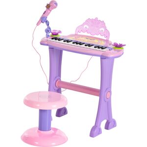 HOMCOM Electronic Organ for Kids, Mini Piano with Microphone and Stool, Interactive Music Play, Purple/Pink