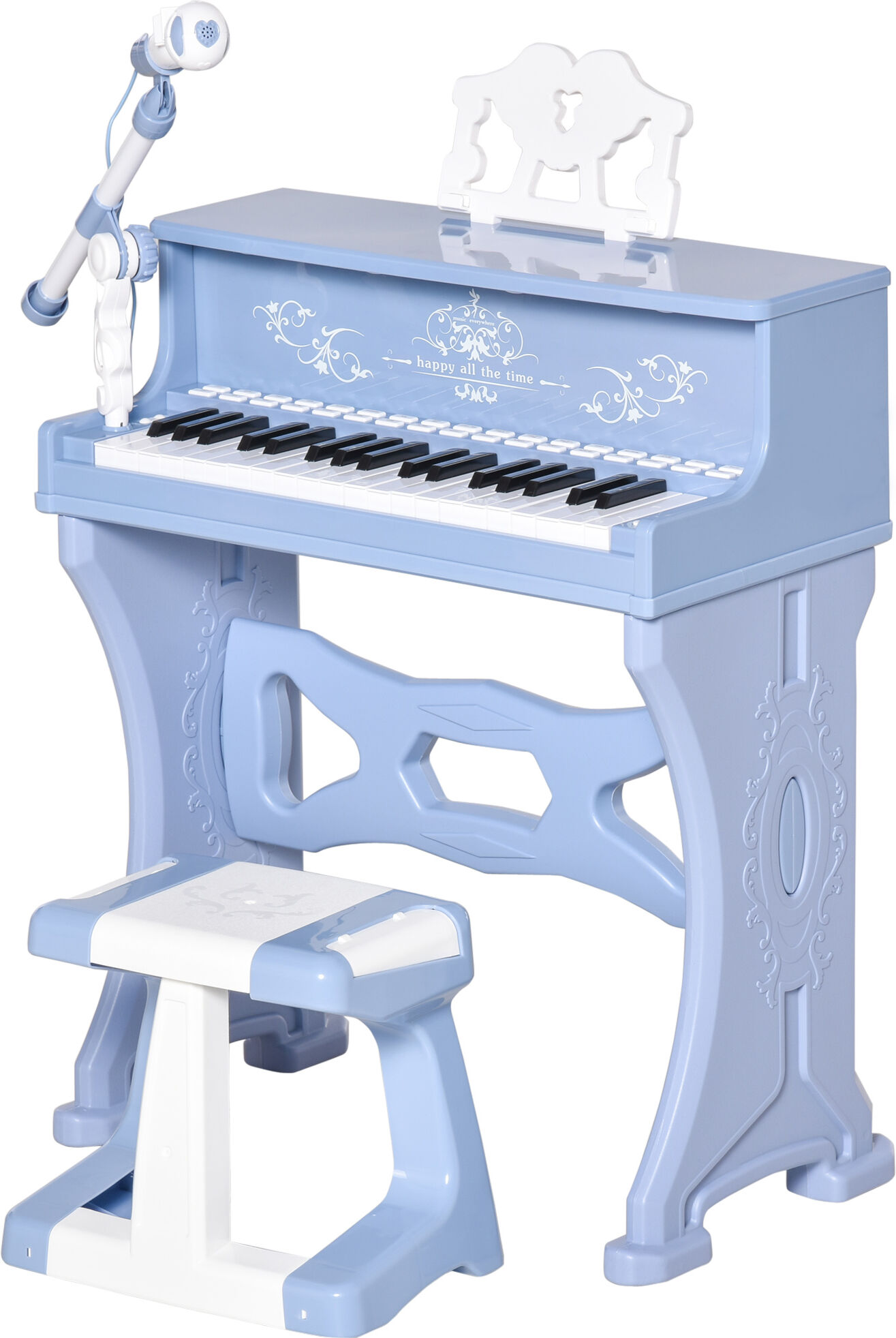 HOMCOM Mini Electronic Keyboard for Kids, 37 Keys Musical Instrument with Stool, Microphone & Educational Games, Light-Up Grand Piano Toy Set, Blue