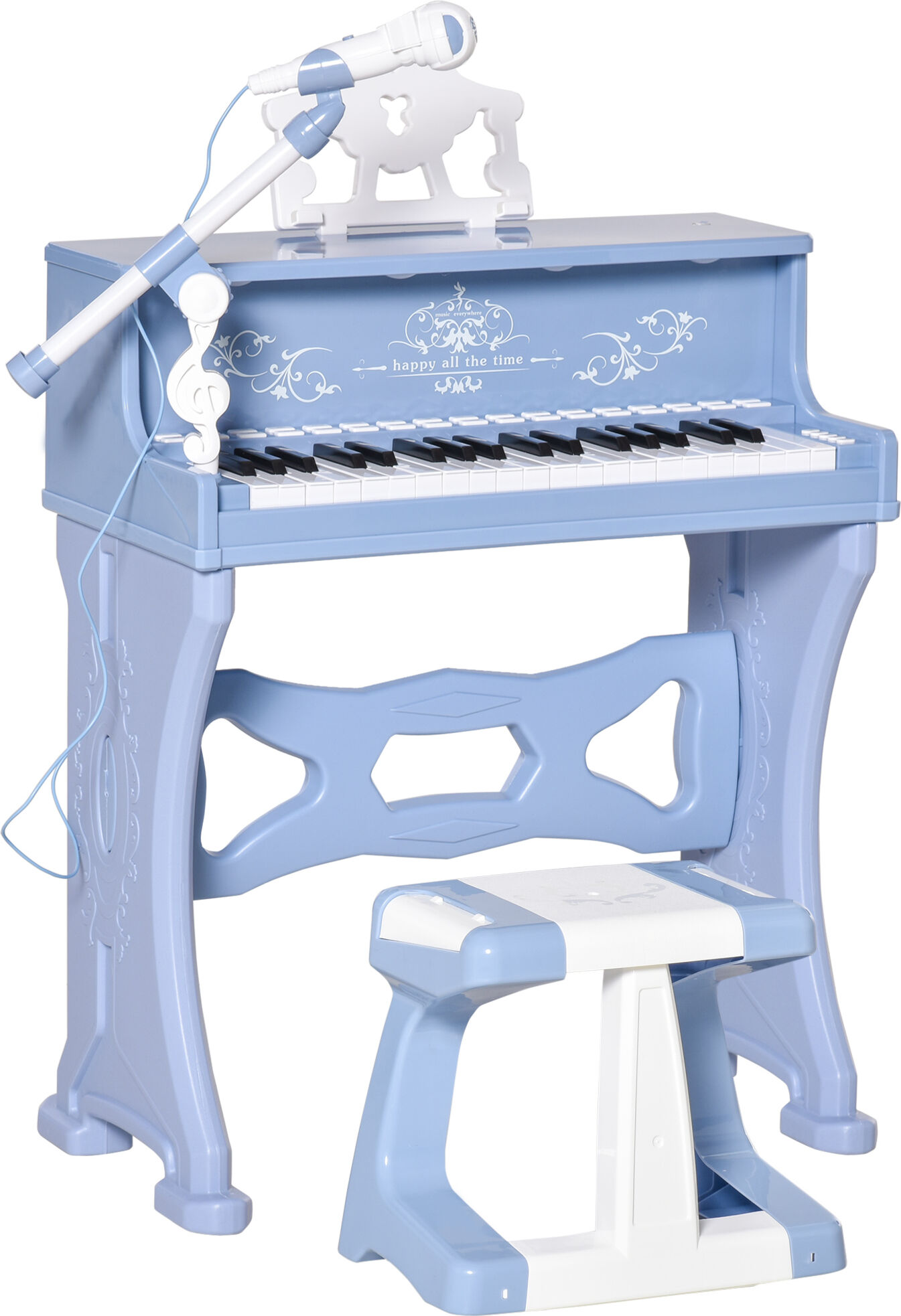 HOMCOM Mini Electronic Keyboard for Kids, 37 Keys Musical Instrument w/ Stool, Microphone & Educational Games, Light-Up Piano Toy Set, Blue Aosom UK