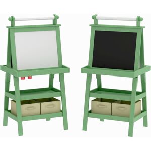 AIYAPLAY 3 in 1 Kids Easel Double-Sided Magnetic Whiteboard and Chalkboard with Paper Roll, Storage Baskets - Green Aosom UK
