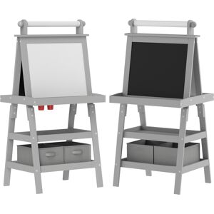 AIYAPLAY 3 in 1 Kids Easel Double-Sided Magnetic Whiteboard and Chalkboard with Paper Roll, Storage Baskets - Grey Aosom UK