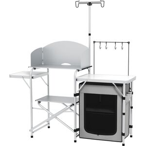 Outsunny Portable Camping Kitchen with Cupboard, Aluminium Folding Table with Windshield & Light Stand, Includes Carrying Bag