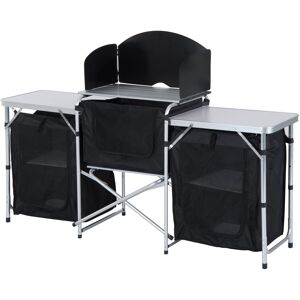 Outsunny Portable Folding Camping Kitchen Table with Windscreen, Storage Cupboards, Aluminium Frame for BBQs, Parties, Picnics