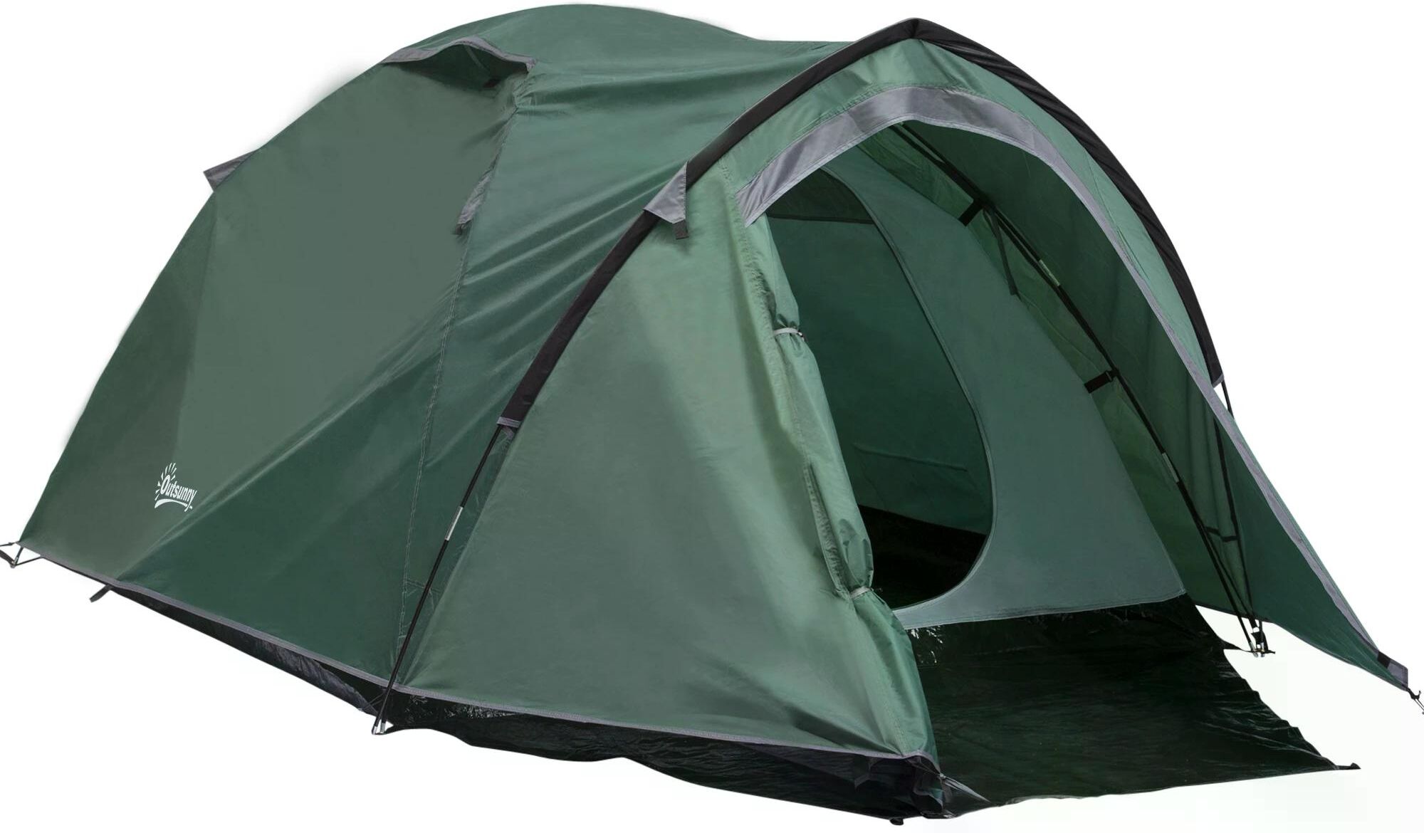 Outsunny Camping Dome Tent 2 Room for 3-4 Person with Weatherproof Vestibule Backpacking Tent Large Windows Lightweight for Fishing & Hiking Green