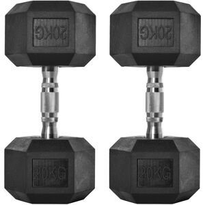 HOMCOM 2x20kg Hexagonal Rubber Dumbbells, Portable Hand Weights for Home Gym Fitness Workouts, Black